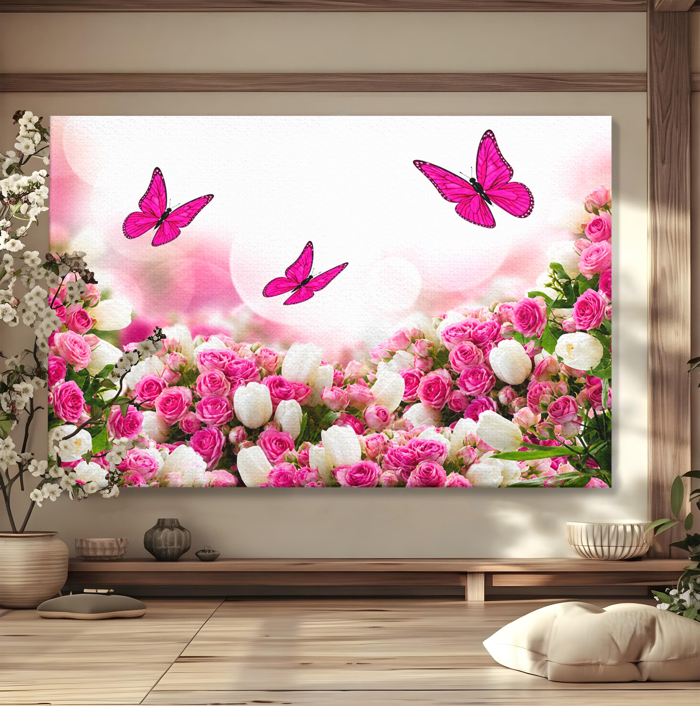 Tablou Canvas Premium LuxCanva® A1875, Gradina Cu Fluturi Roz, Flori, Fluturi, Natura, Dormitor, Living, Culori Vibrante
