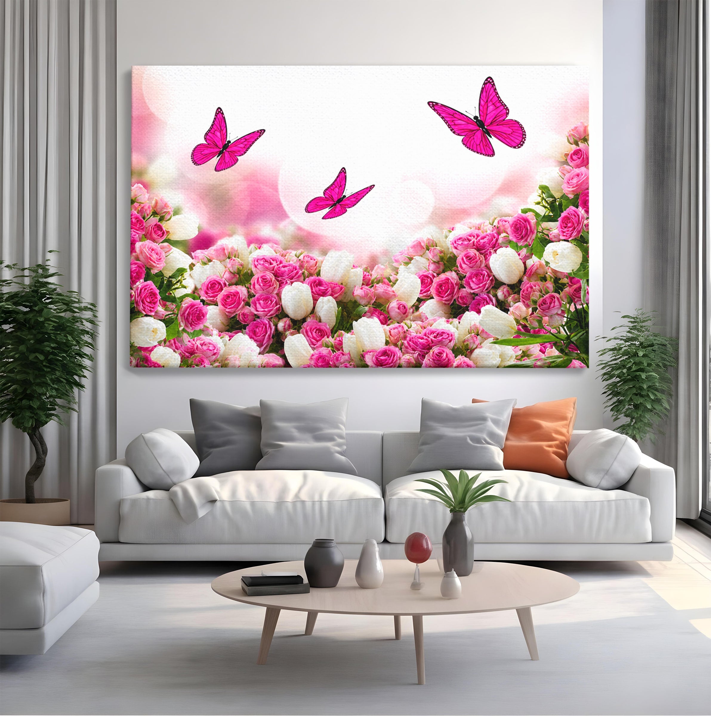 Tablou Canvas Premium LuxCanva® A1875, Gradina Cu Fluturi Roz, Flori, Fluturi, Natura, Dormitor, Living, Culori Vibrante