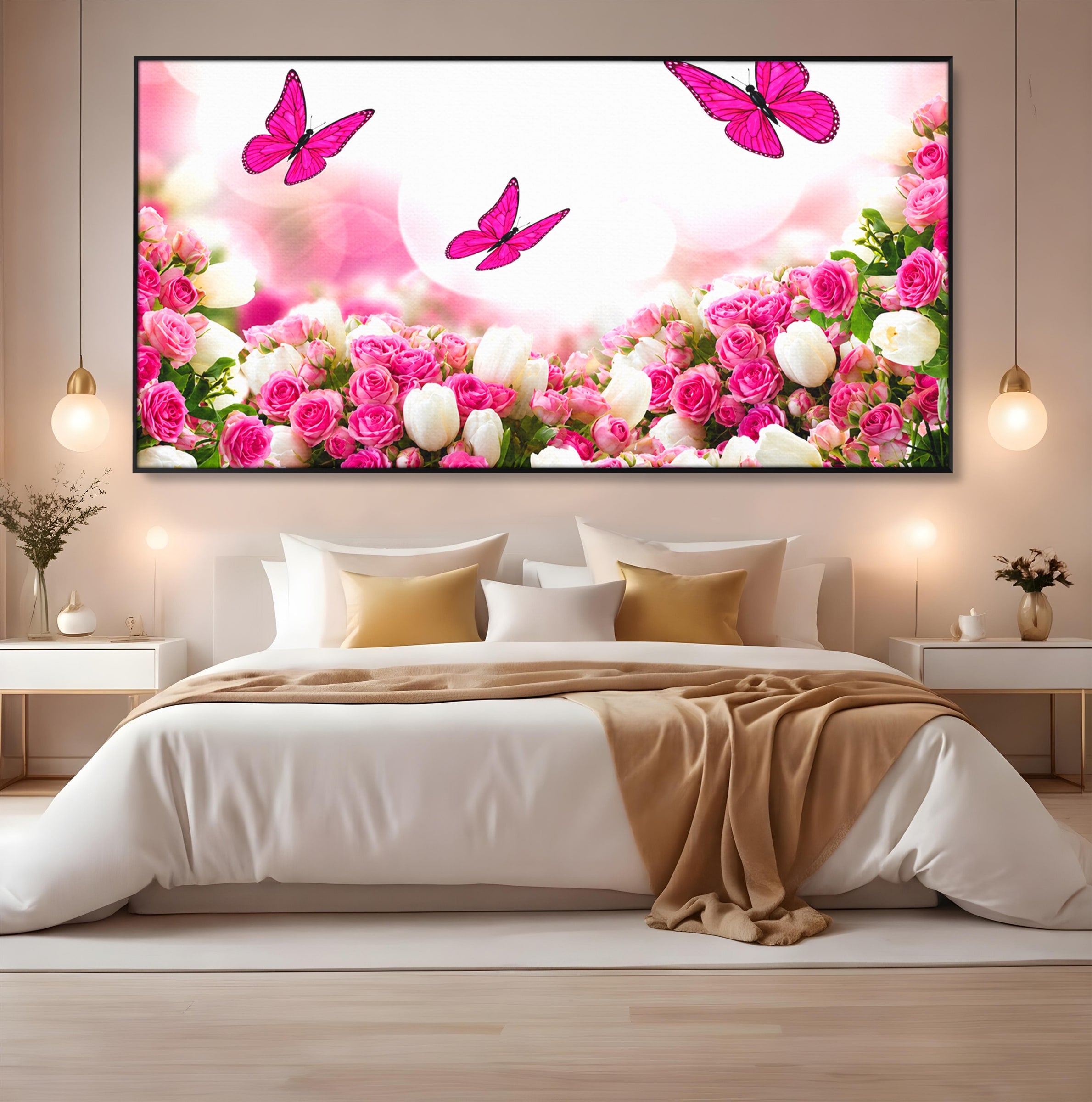 Tablou Canvas Premium LuxCanva® A1875, Gradina Cu Fluturi Roz, Flori, Fluturi, Natura, Dormitor, Living, Culori Vibrante