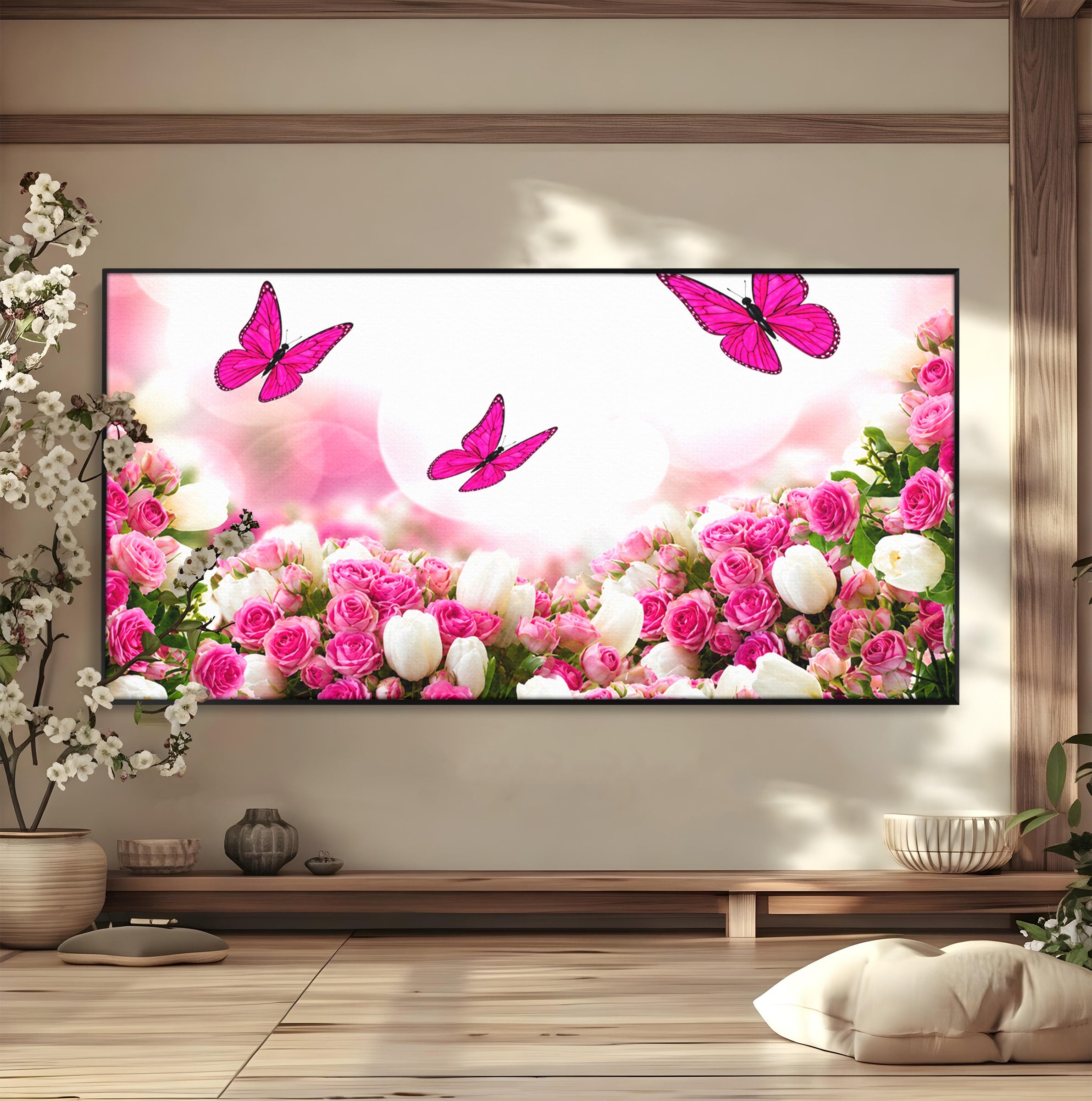 Tablou Canvas Premium LuxCanva® A1875, Gradina Cu Fluturi Roz, Flori, Fluturi, Natura, Dormitor, Living, Culori Vibrante