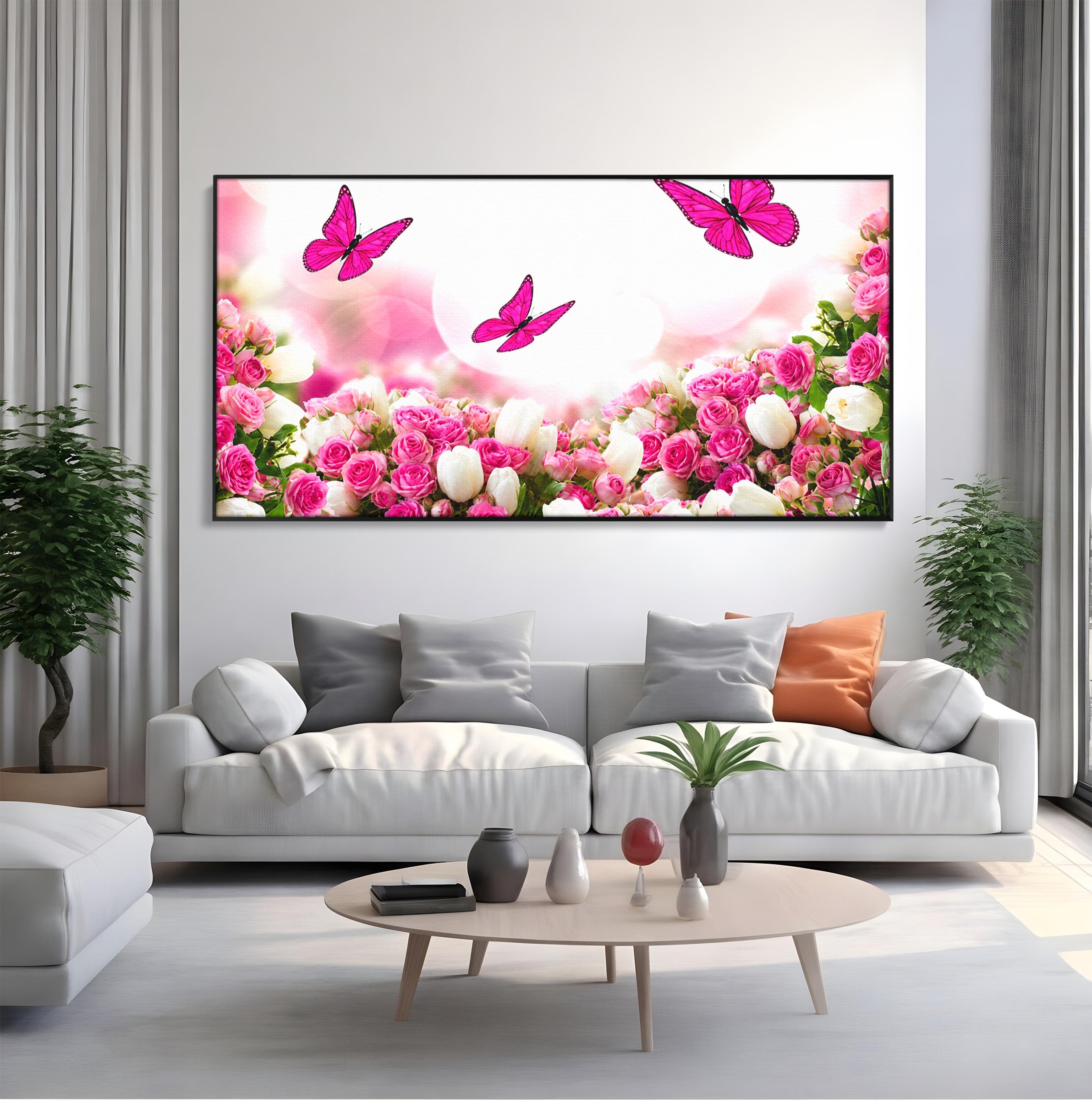 Tablou Canvas Premium LuxCanva® A1875, Gradina Cu Fluturi Roz, Flori, Fluturi, Natura, Dormitor, Living, Culori Vibrante