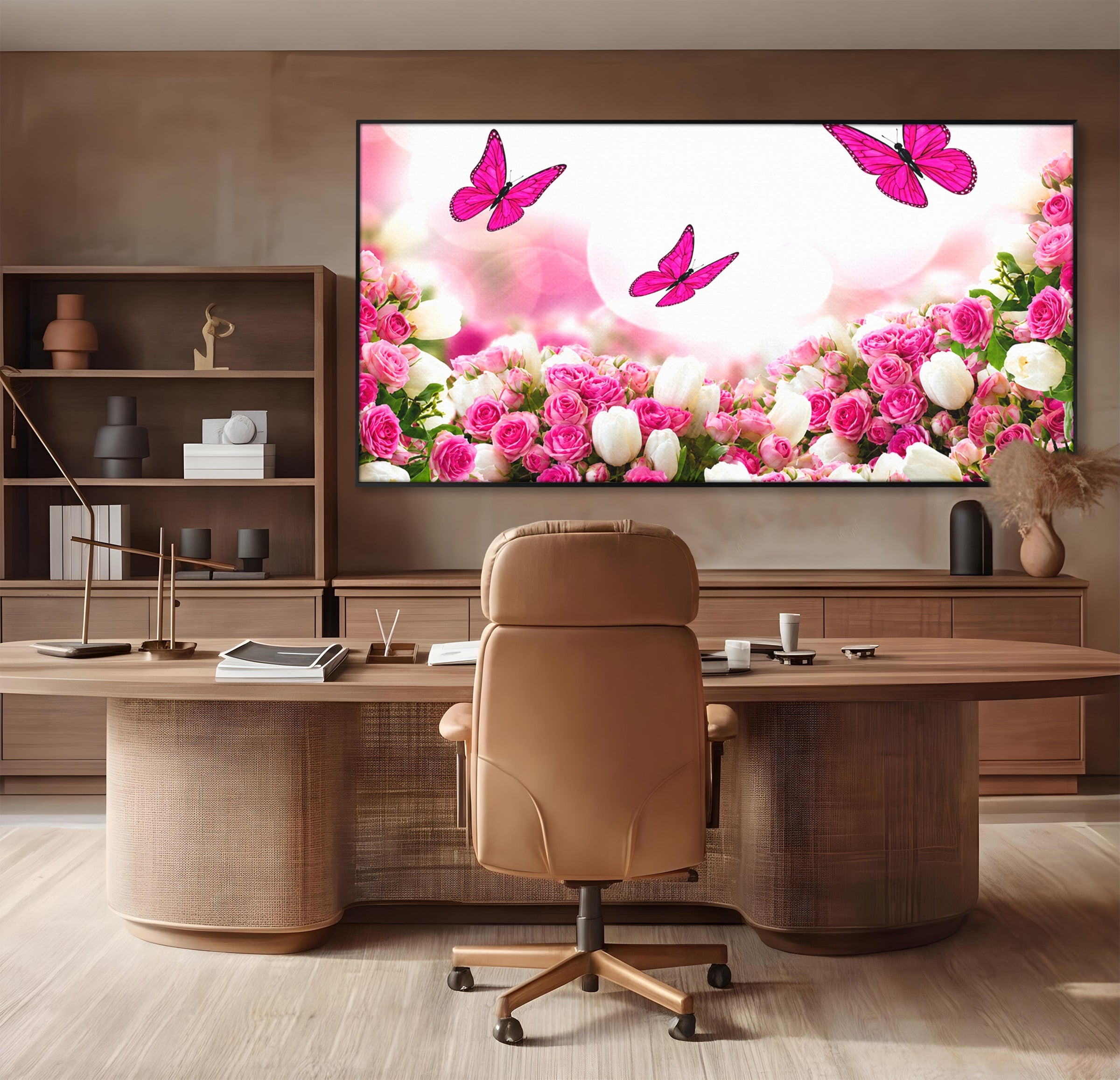 Tablou Canvas Premium LuxCanva® A1875, Gradina Cu Fluturi Roz, Flori, Fluturi, Natura, Dormitor, Living, Culori Vibrante