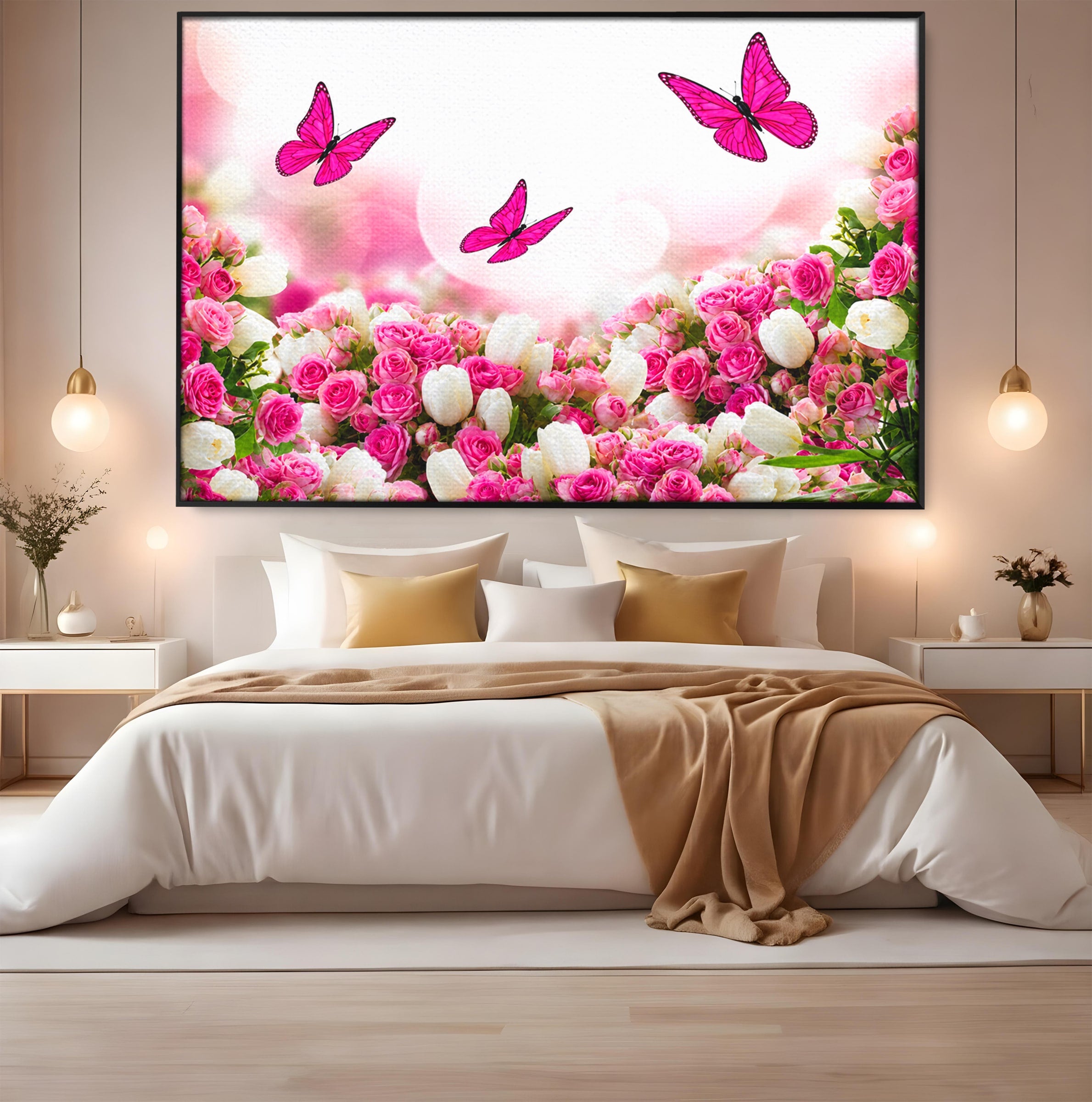 Tablou Canvas Premium LuxCanva® A1875, Gradina Cu Fluturi Roz, Flori, Fluturi, Natura, Dormitor, Living, Culori Vibrante