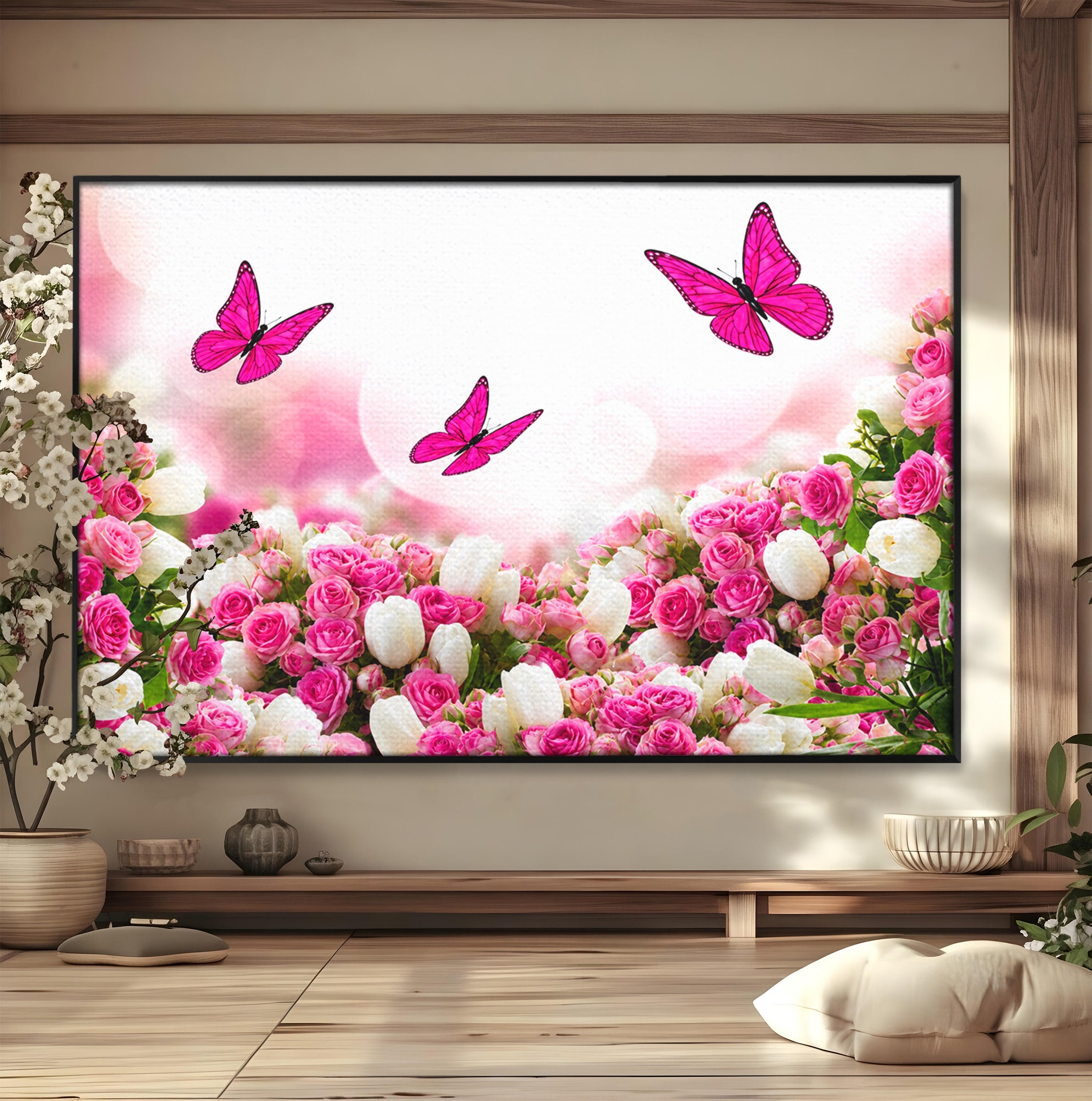 Tablou Canvas Premium LuxCanva® A1875, Gradina Cu Fluturi Roz, Flori, Fluturi, Natura, Dormitor, Living, Culori Vibrante