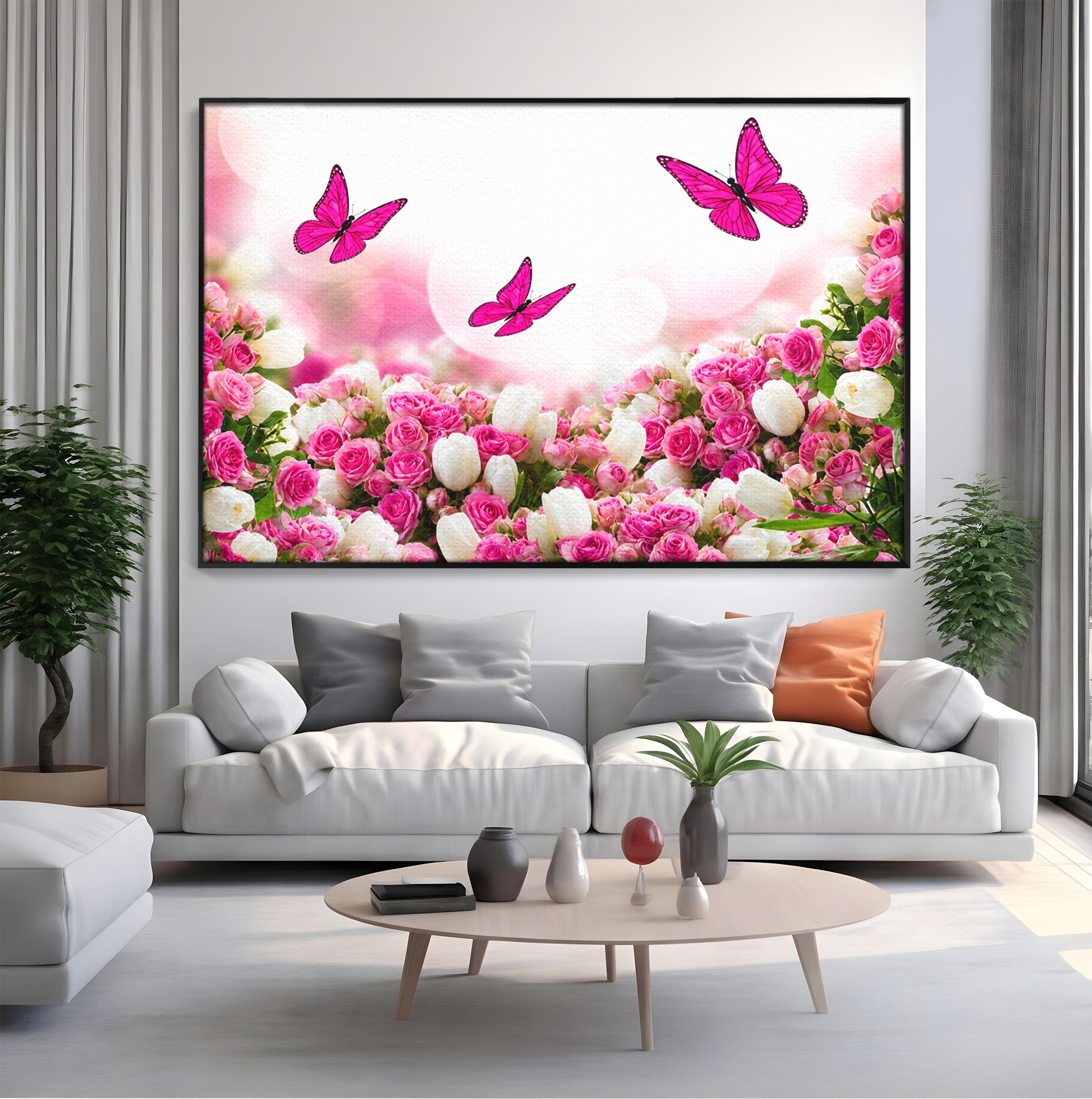 Tablou Canvas Premium LuxCanva® A1875, Gradina Cu Fluturi Roz, Flori, Fluturi, Natura, Dormitor, Living, Culori Vibrante
