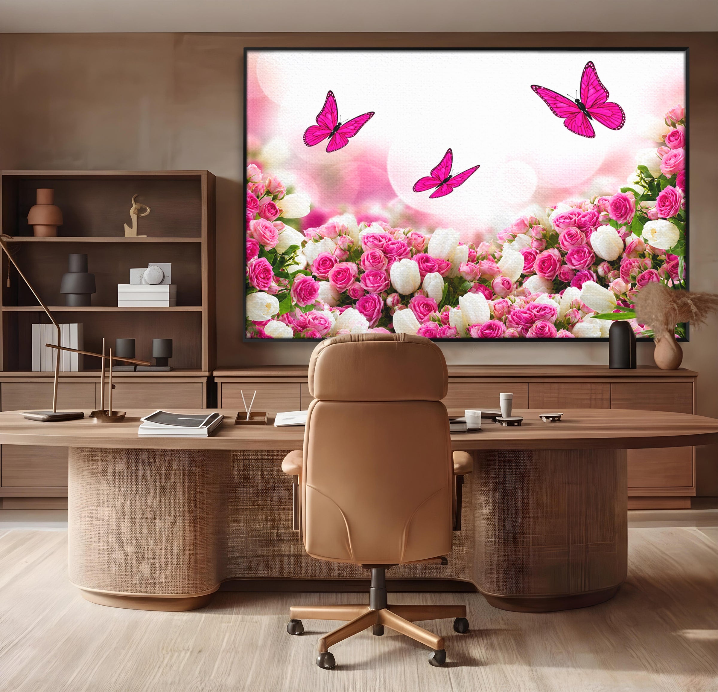 Tablou Canvas Premium LuxCanva® A1875, Gradina Cu Fluturi Roz, Flori, Fluturi, Natura, Dormitor, Living, Culori Vibrante