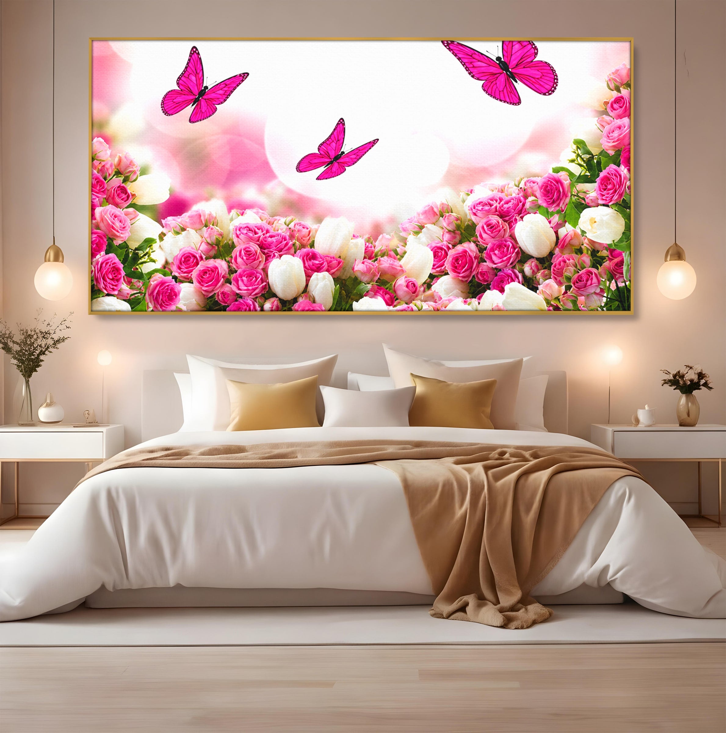 Tablou Canvas Premium LuxCanva® A1875, Gradina Cu Fluturi Roz, Flori, Fluturi, Natura, Dormitor, Living, Culori Vibrante