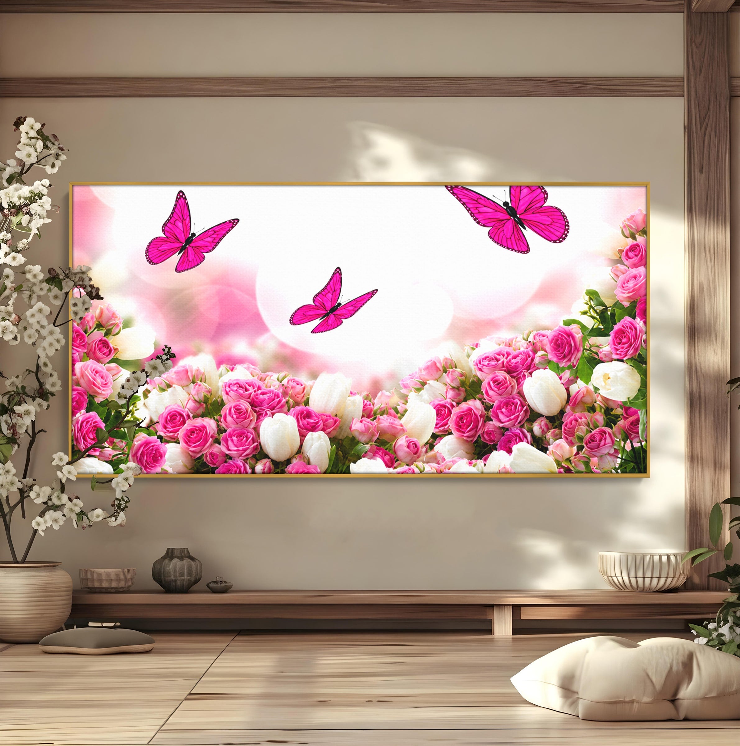 Tablou Canvas Premium LuxCanva® A1875, Gradina Cu Fluturi Roz, Flori, Fluturi, Natura, Dormitor, Living, Culori Vibrante