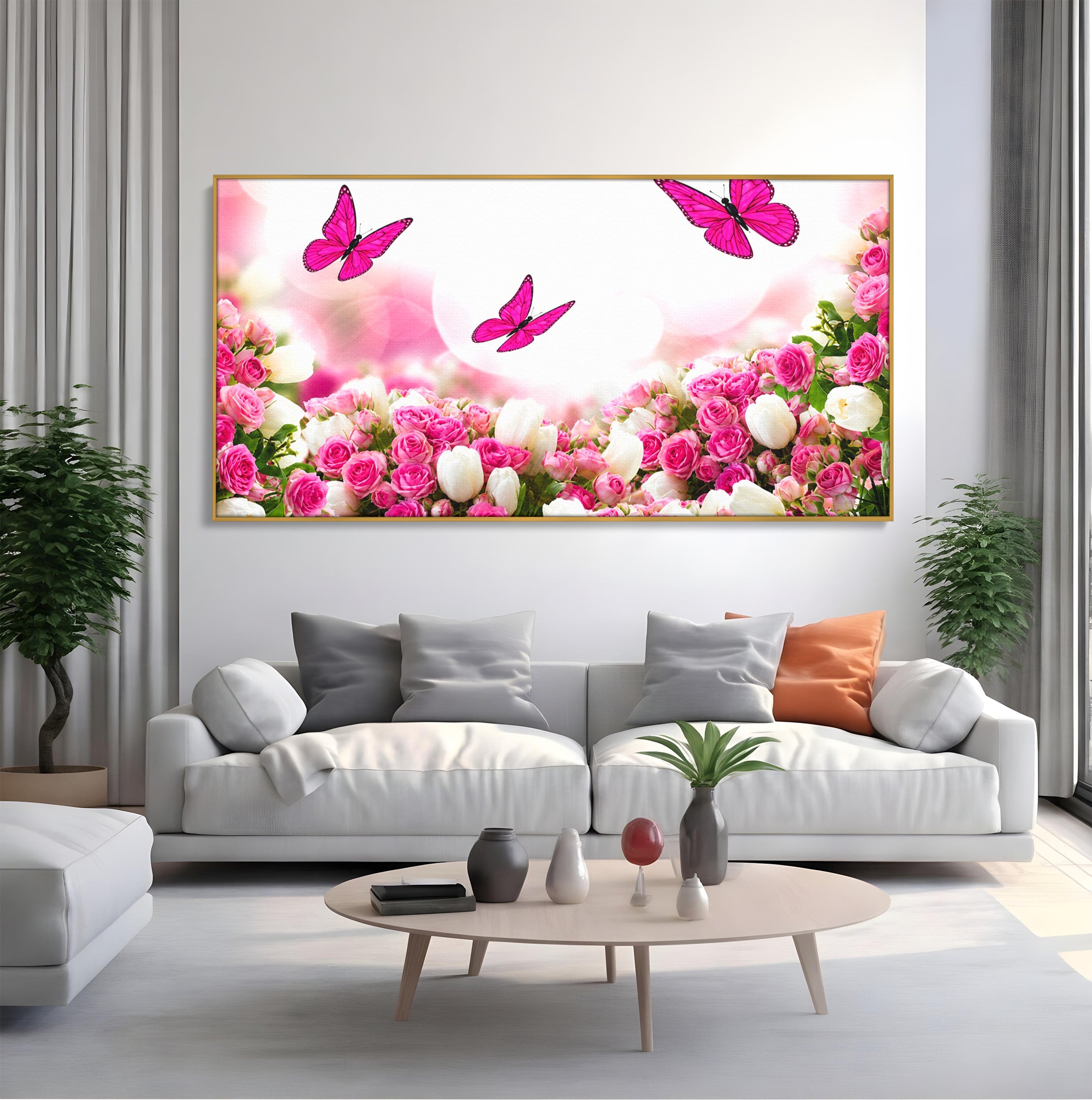 Tablou Canvas Premium LuxCanva® A1875, Gradina Cu Fluturi Roz, Flori, Fluturi, Natura, Dormitor, Living, Culori Vibrante