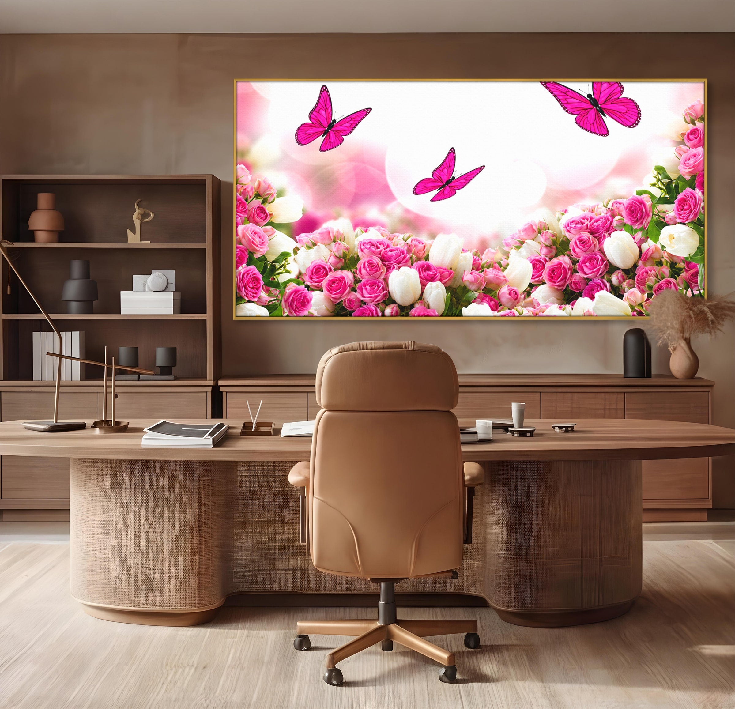 Tablou Canvas Premium LuxCanva® A1875, Gradina Cu Fluturi Roz, Flori, Fluturi, Natura, Dormitor, Living, Culori Vibrante