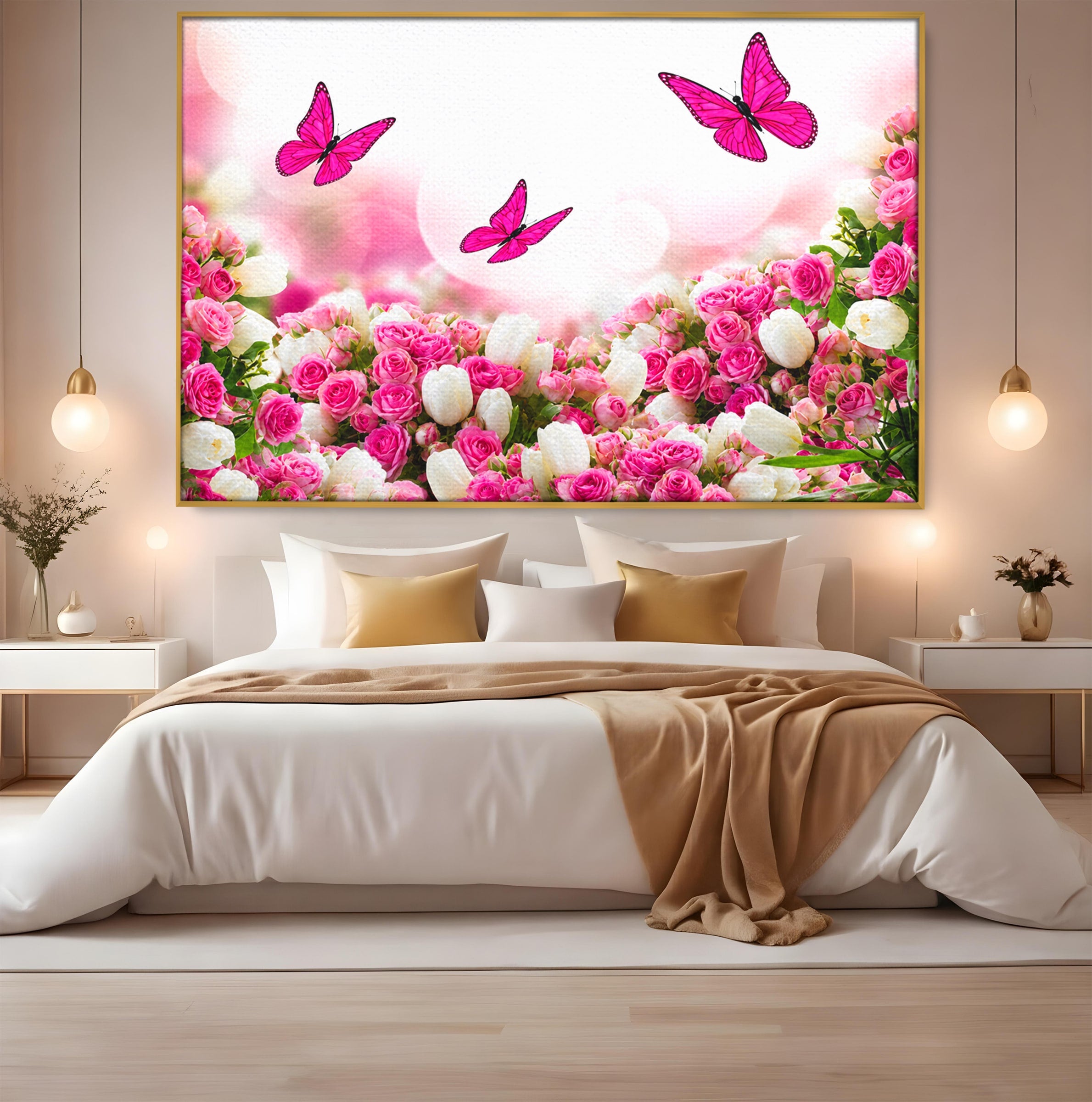 Tablou Canvas Premium LuxCanva® A1875, Gradina Cu Fluturi Roz, Flori, Fluturi, Natura, Dormitor, Living, Culori Vibrante