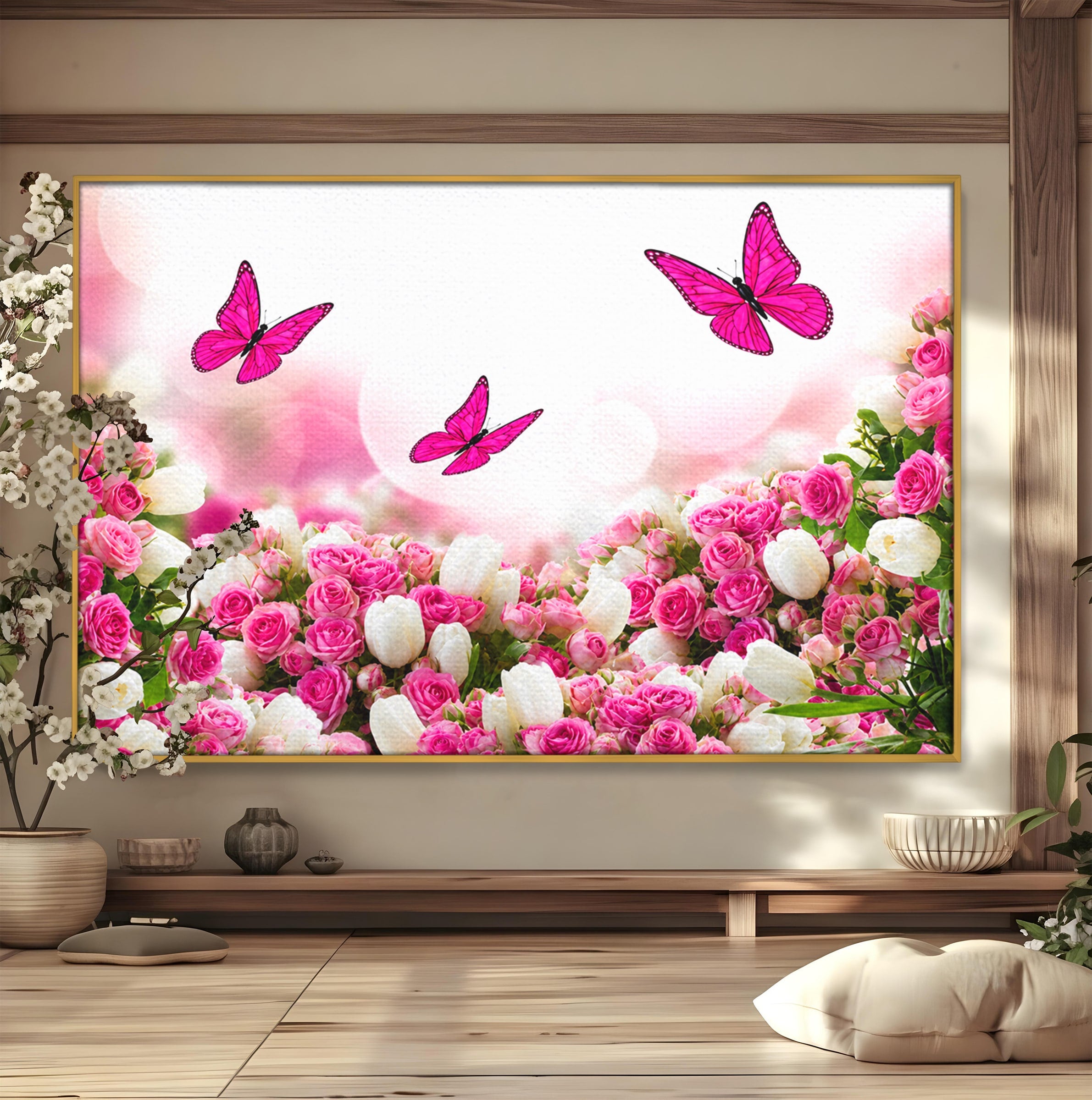Tablou Canvas Premium LuxCanva® A1875, Gradina Cu Fluturi Roz, Flori, Fluturi, Natura, Dormitor, Living, Culori Vibrante