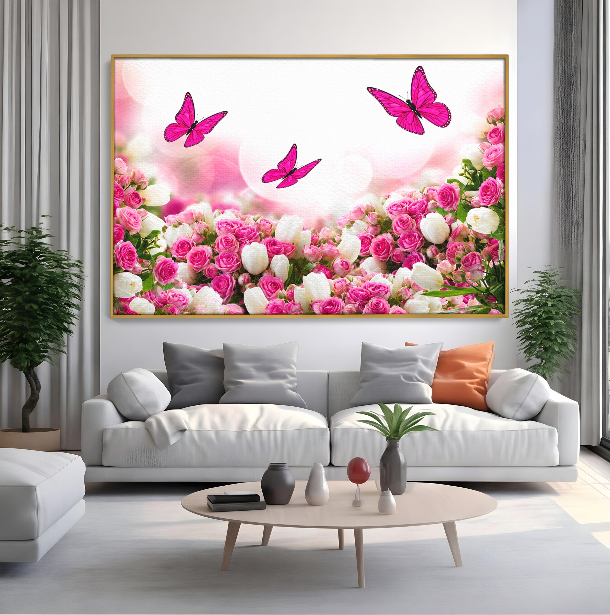 Tablou Canvas Premium LuxCanva® A1875, Gradina Cu Fluturi Roz, Flori, Fluturi, Natura, Dormitor, Living, Culori Vibrante