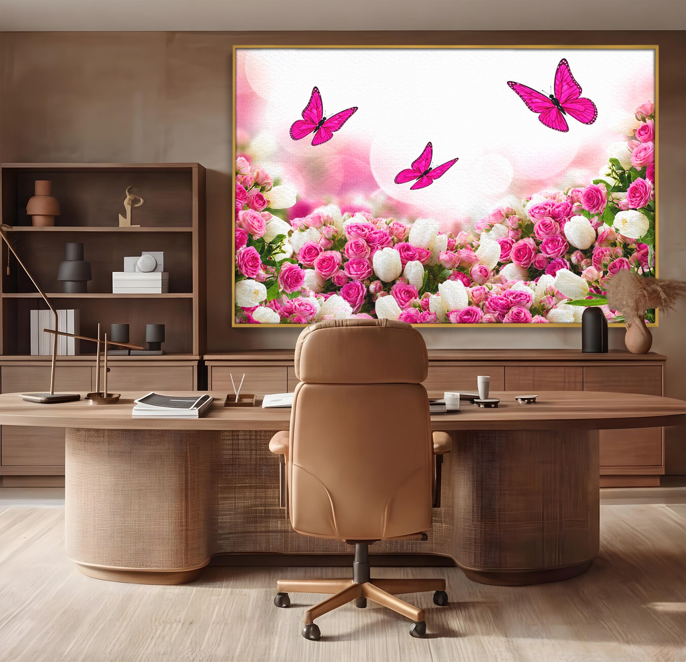Tablou Canvas Premium LuxCanva® A1875, Gradina Cu Fluturi Roz, Flori, Fluturi, Natura, Dormitor, Living, Culori Vibrante