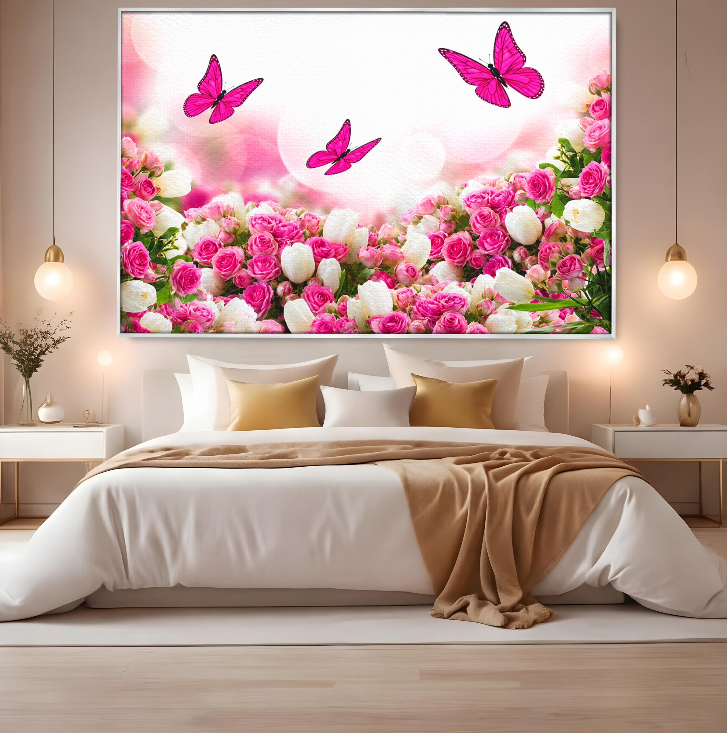 Tablou Canvas Premium LuxCanva® A1875, Gradina Cu Fluturi Roz, Flori, Fluturi, Natura, Dormitor, Living, Culori Vibrante