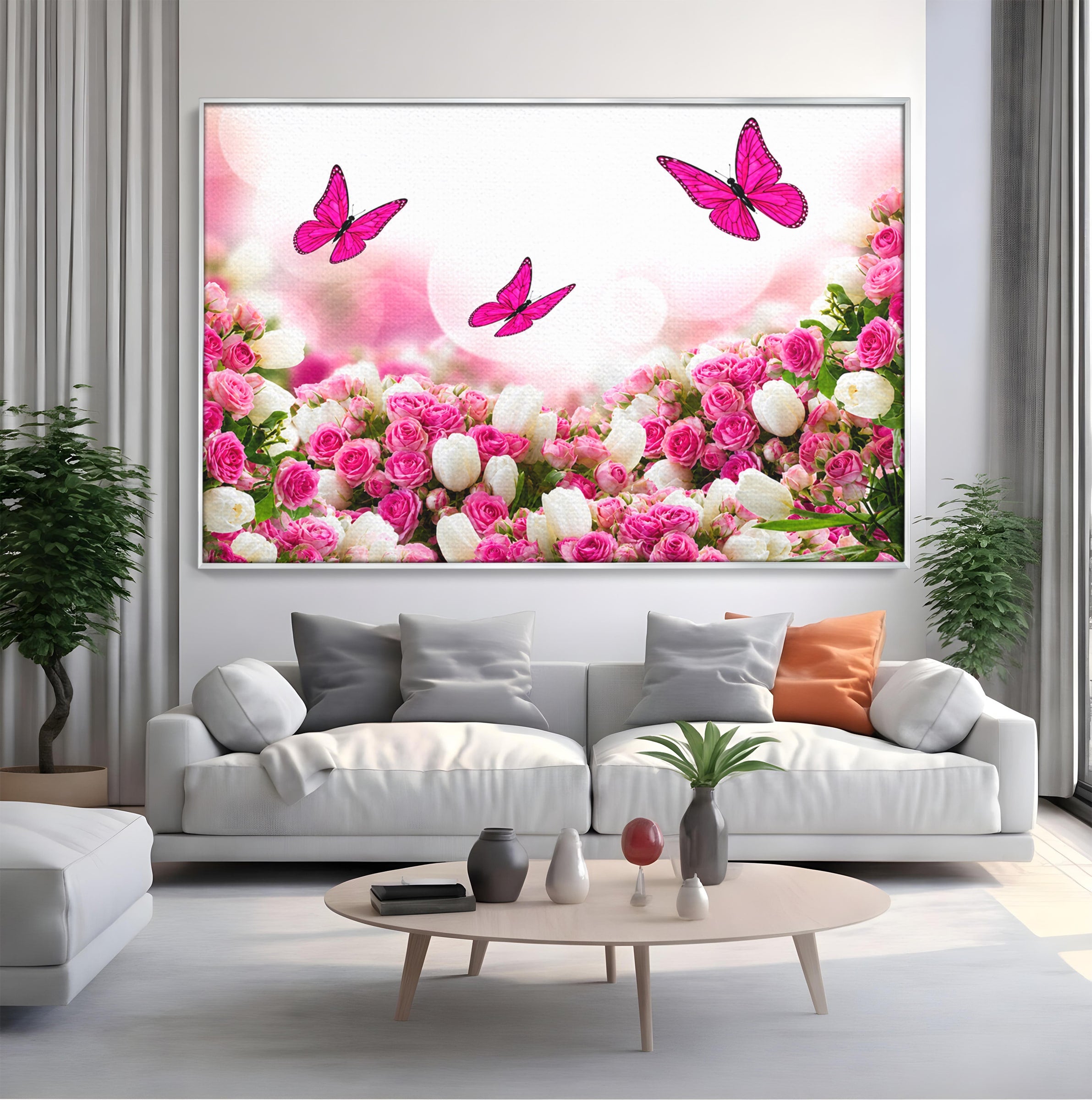 Tablou Canvas Premium LuxCanva® A1875, Gradina Cu Fluturi Roz, Flori, Fluturi, Natura, Dormitor, Living, Culori Vibrante