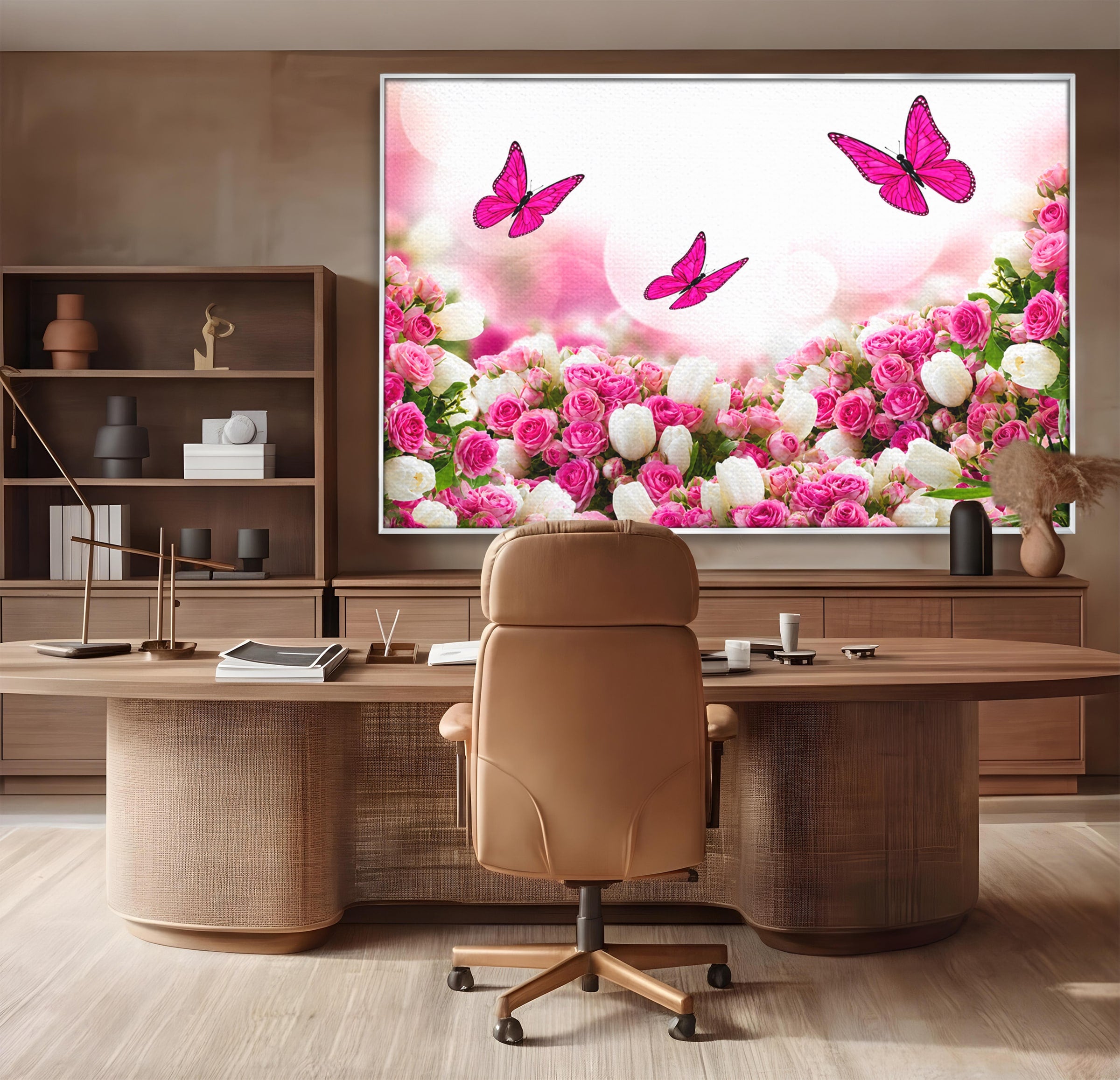 Tablou Canvas Premium LuxCanva® A1875, Gradina Cu Fluturi Roz, Flori, Fluturi, Natura, Dormitor, Living, Culori Vibrante