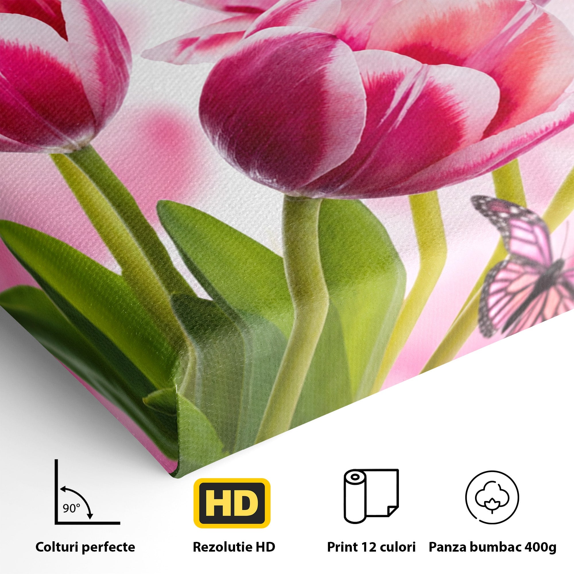 Tablou Canvas Premium LuxCanva® A1876, Lalele Si Fluturi, Lalele, Fluturi, Natura, Primavara, Dormitor, Culori Vibrante