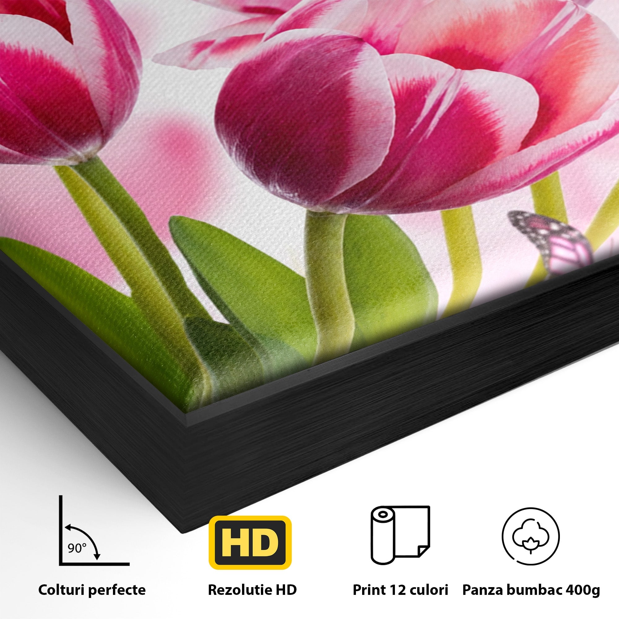 Tablou Canvas Premium LuxCanva® A1876, Lalele Si Fluturi, Lalele, Fluturi, Natura, Primavara, Dormitor, Culori Vibrante