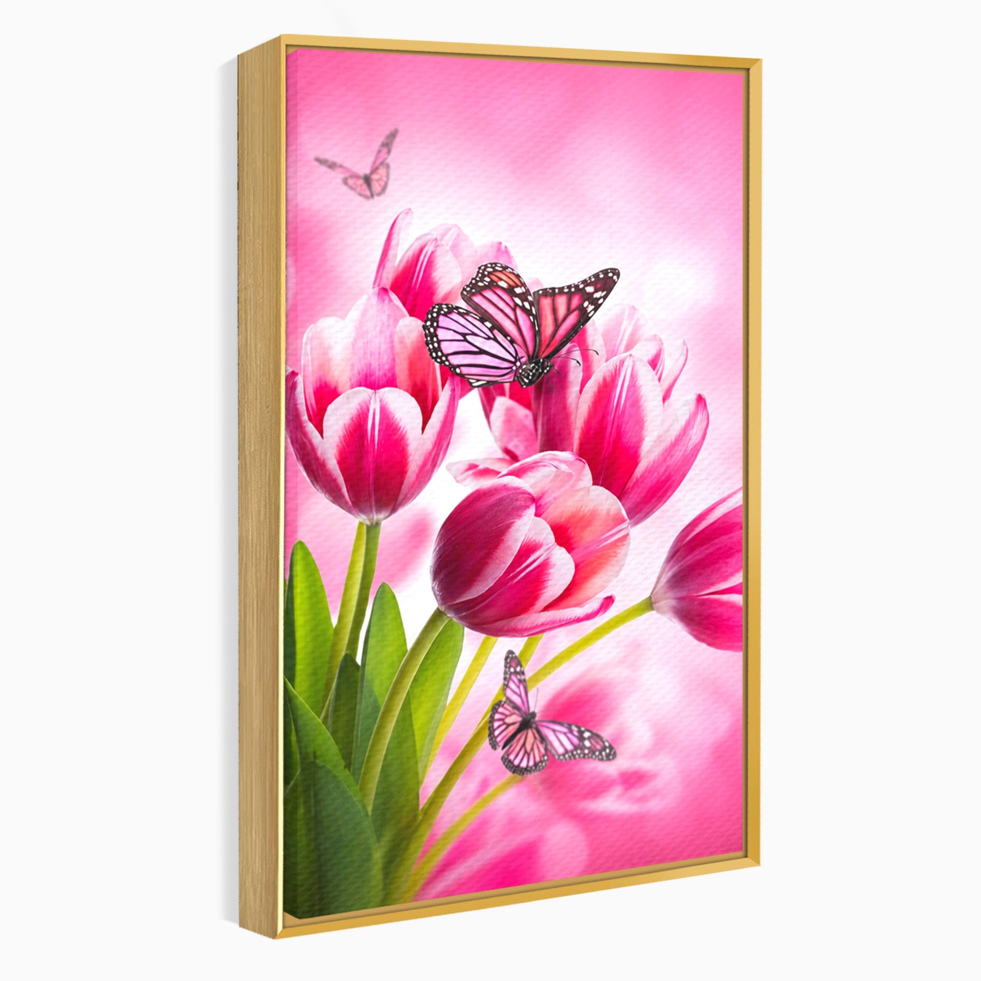 Tablou Canvas Premium LuxCanva® A1876, Lalele Si Fluturi, Lalele, Fluturi, Natura, Primavara, Dormitor, Culori Vibrante