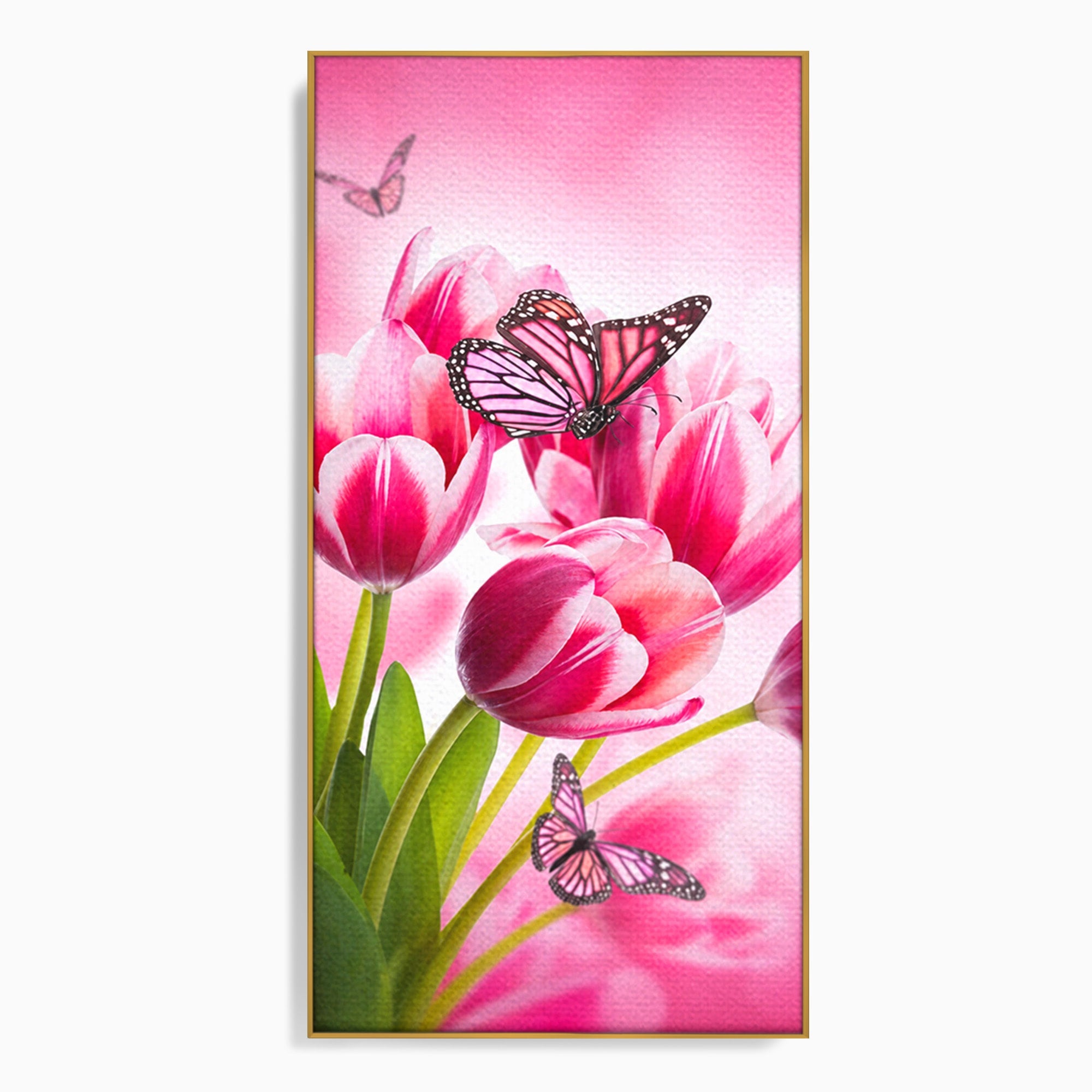 Tablou Canvas Premium LuxCanva® A1876, Lalele Si Fluturi, Lalele, Fluturi, Natura, Primavara, Dormitor, Culori Vibrante