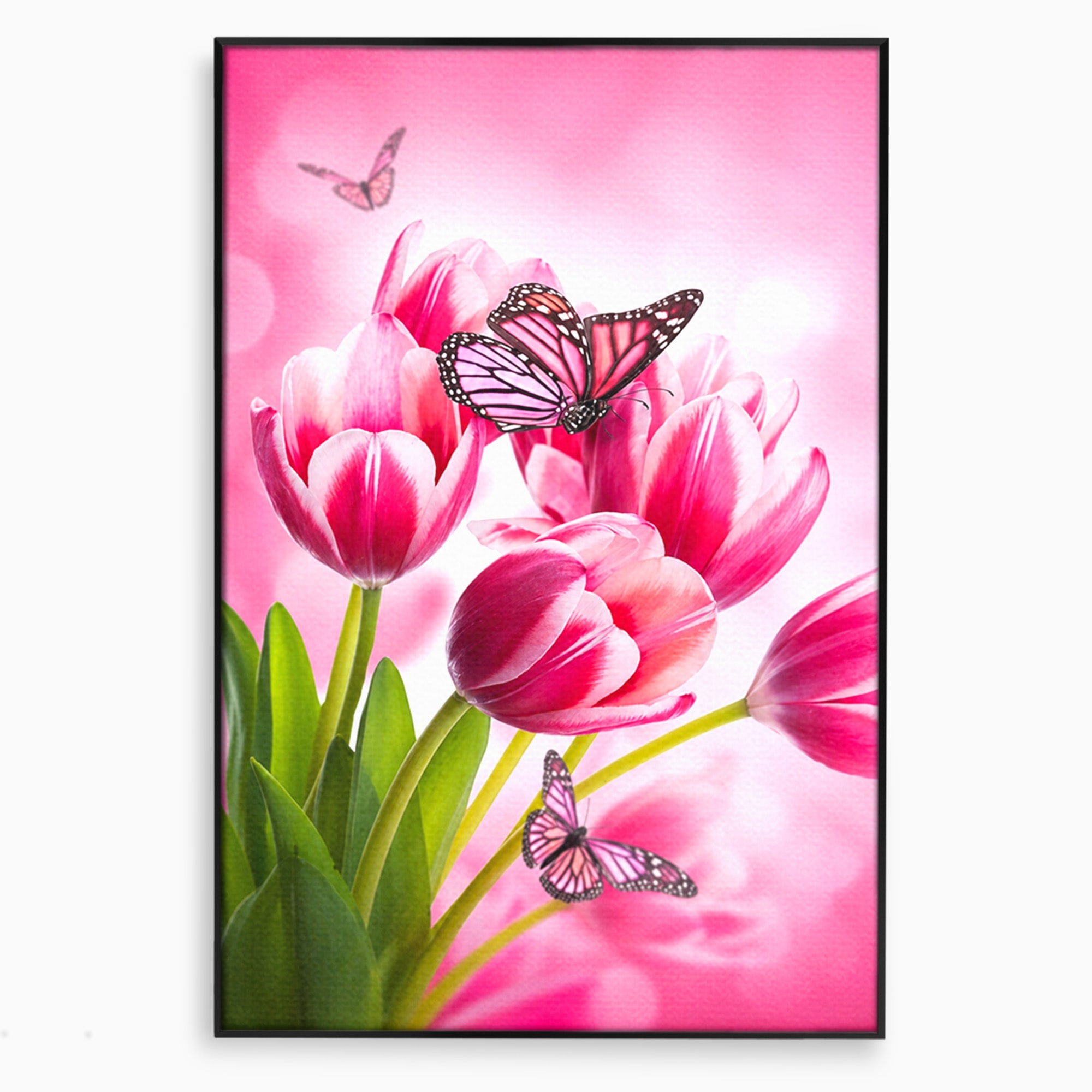 Tablou Canvas Premium LuxCanva® A1876, Lalele Si Fluturi, Lalele, Fluturi, Natura, Primavara, Dormitor, Culori Vibrante