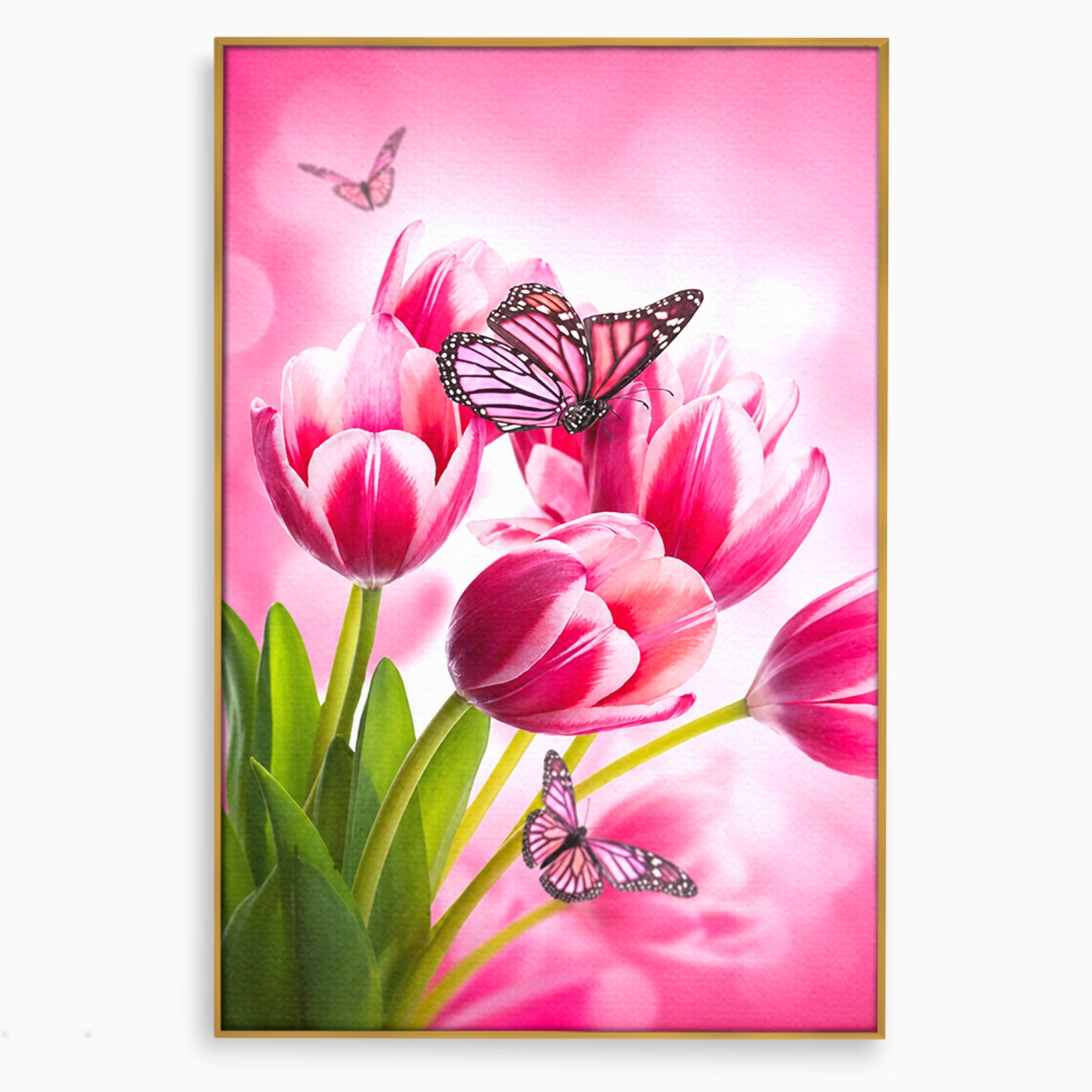 Tablou Canvas Premium LuxCanva® A1876, Lalele Si Fluturi, Lalele, Fluturi, Natura, Primavara, Dormitor, Culori Vibrante