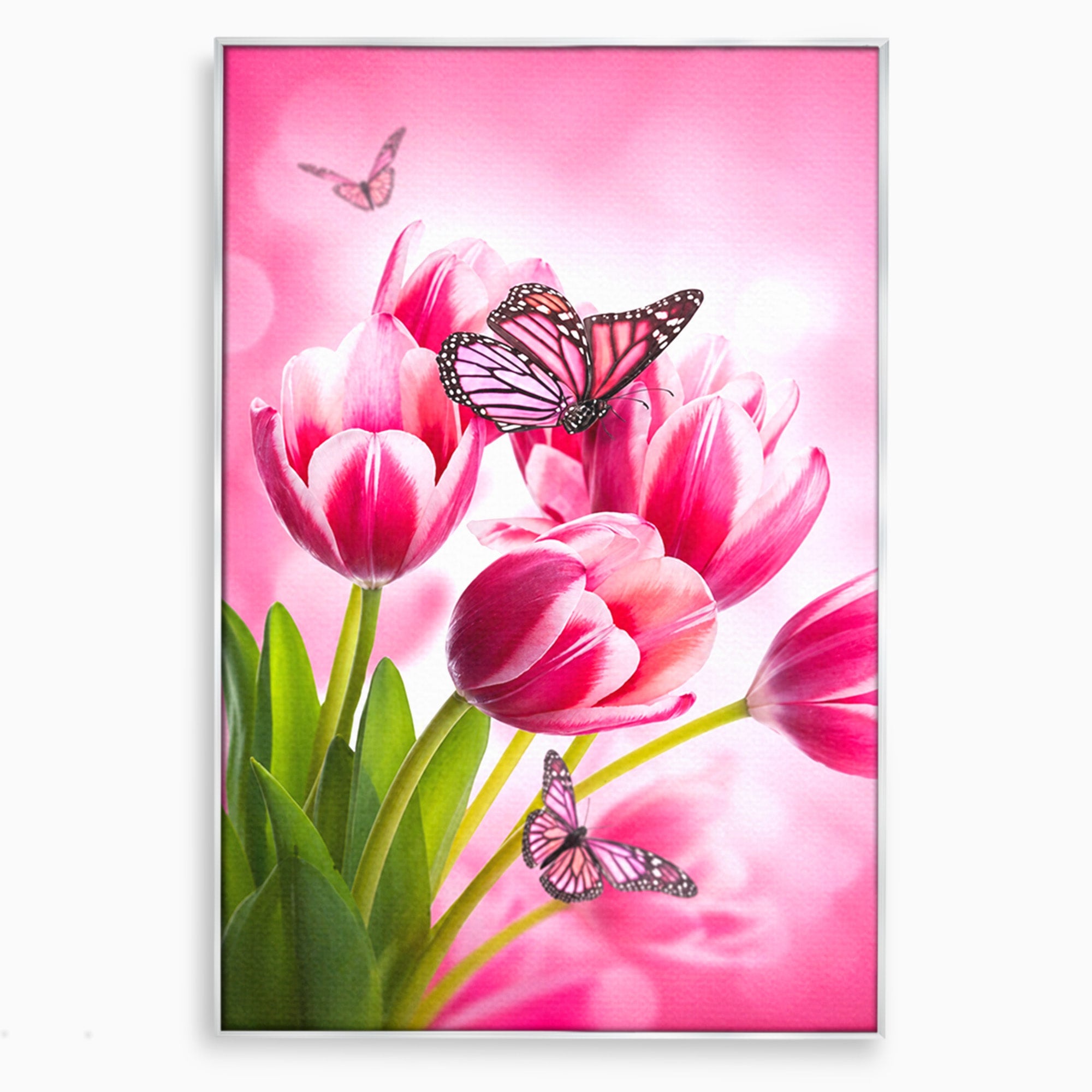 Tablou Canvas Premium LuxCanva® A1876, Lalele Si Fluturi, Lalele, Fluturi, Natura, Primavara, Dormitor, Culori Vibrante