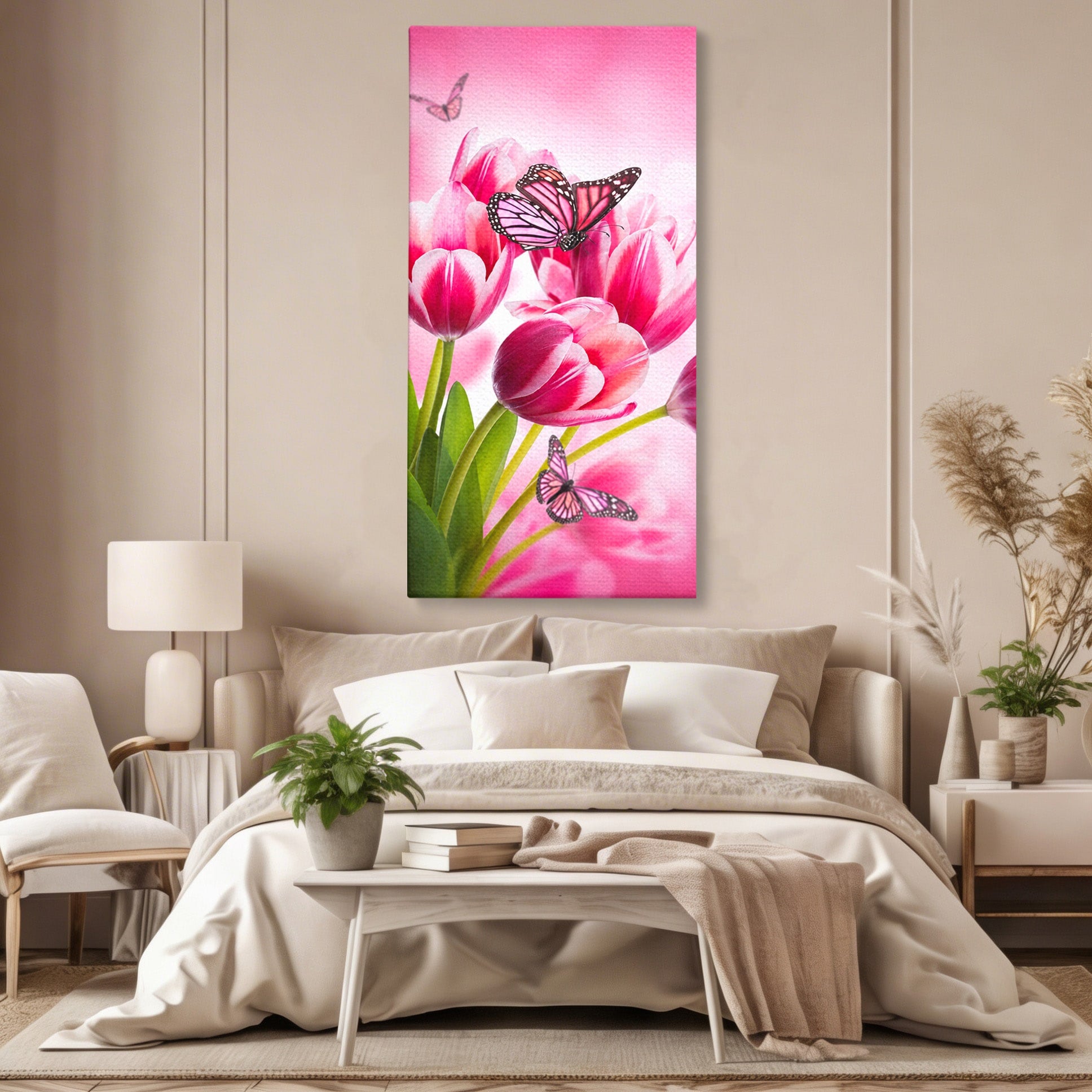 Tablou Canvas Premium LuxCanva® A1876, Lalele Si Fluturi, Lalele, Fluturi, Natura, Primavara, Dormitor, Culori Vibrante