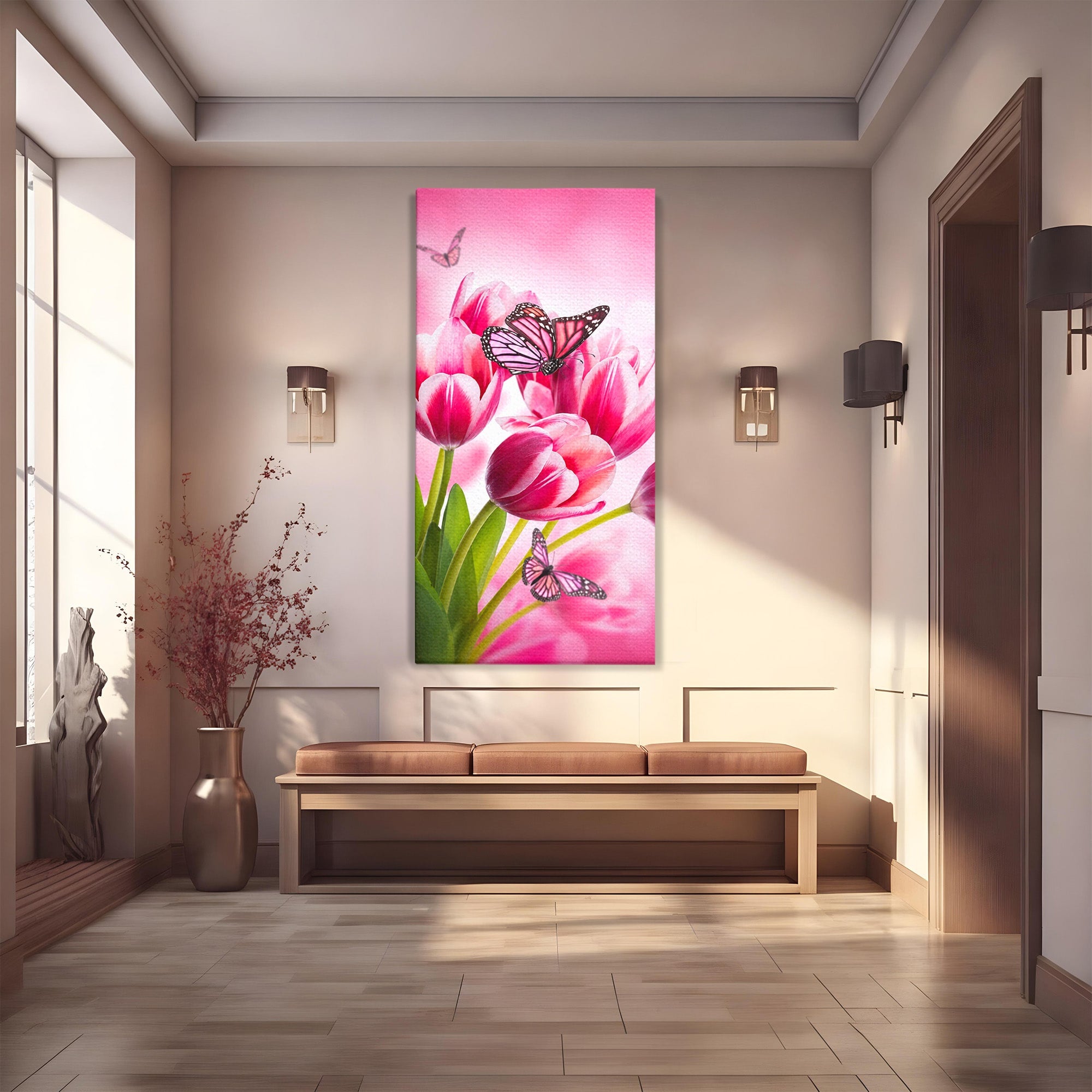 Tablou Canvas Premium LuxCanva® A1876, Lalele Si Fluturi, Lalele, Fluturi, Natura, Primavara, Dormitor, Culori Vibrante