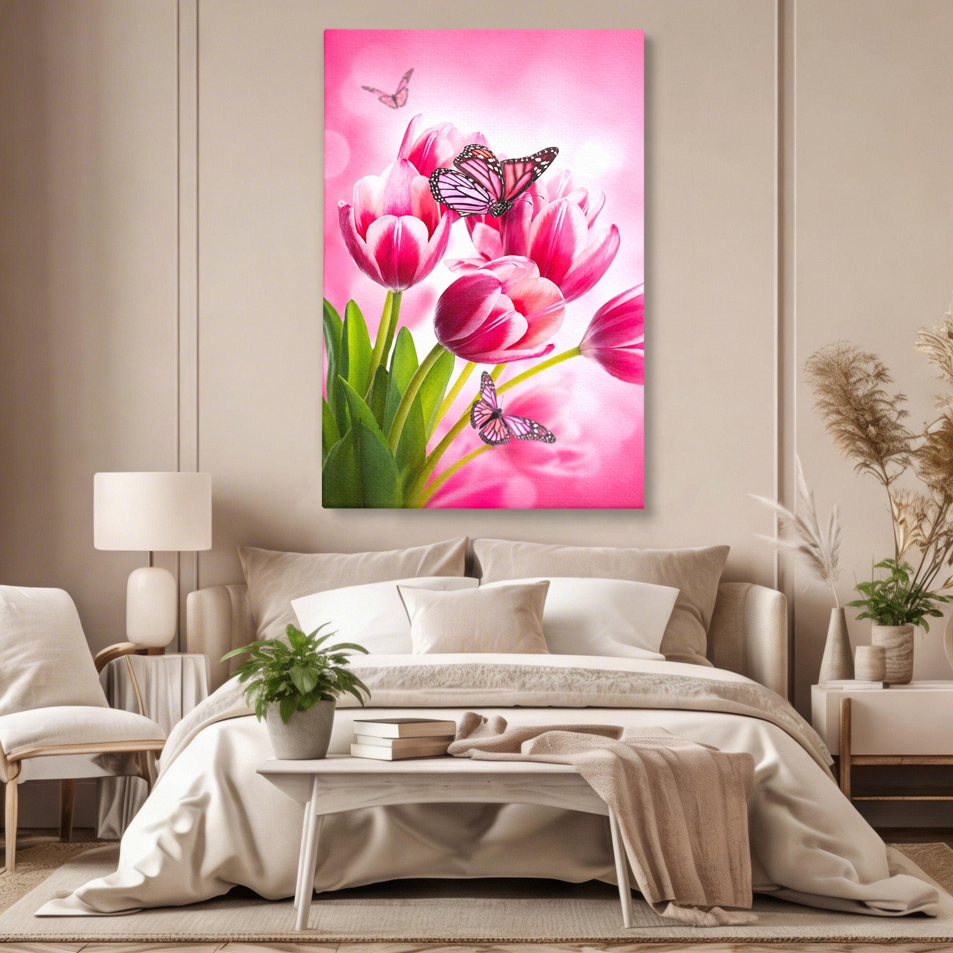 Tablou Canvas Premium LuxCanva® A1876, Lalele Si Fluturi, Lalele, Fluturi, Natura, Primavara, Dormitor, Culori Vibrante
