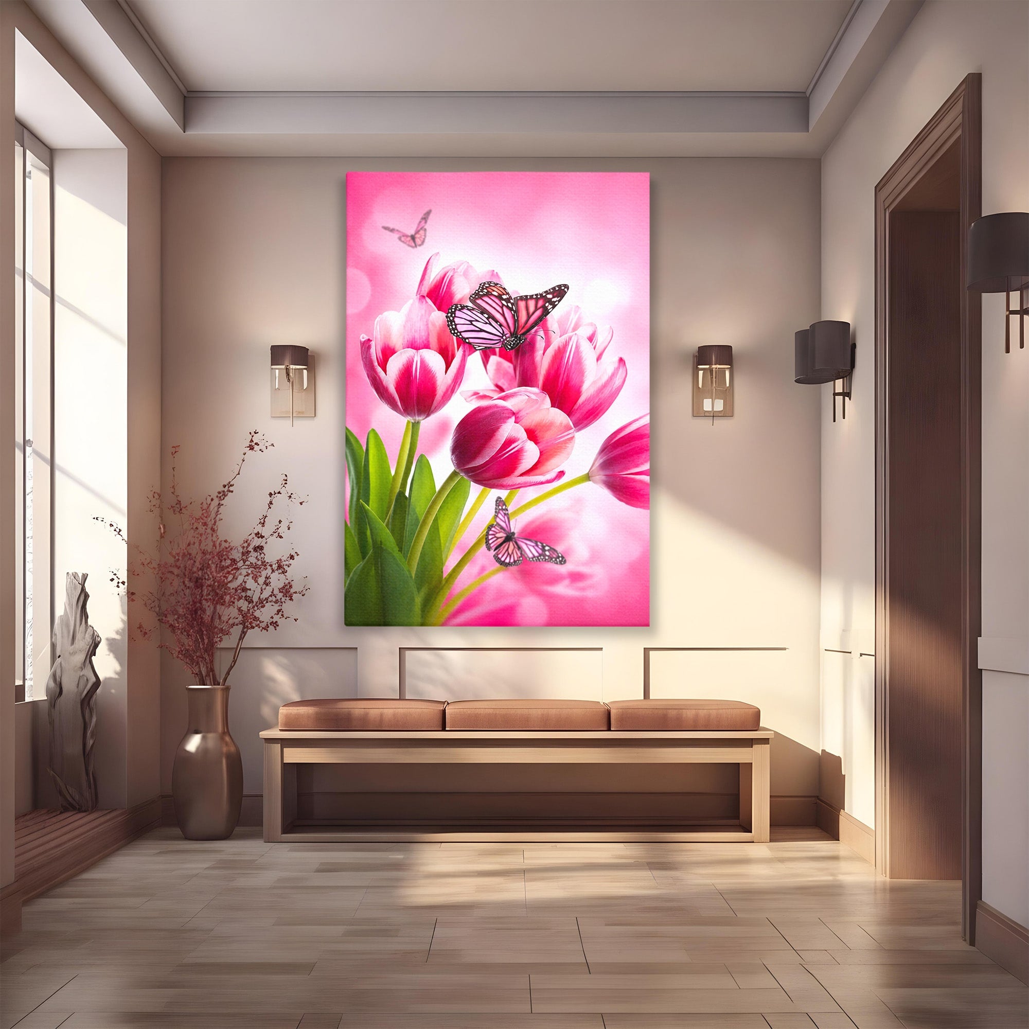 Tablou Canvas Premium LuxCanva® A1876, Lalele Si Fluturi, Lalele, Fluturi, Natura, Primavara, Dormitor, Culori Vibrante