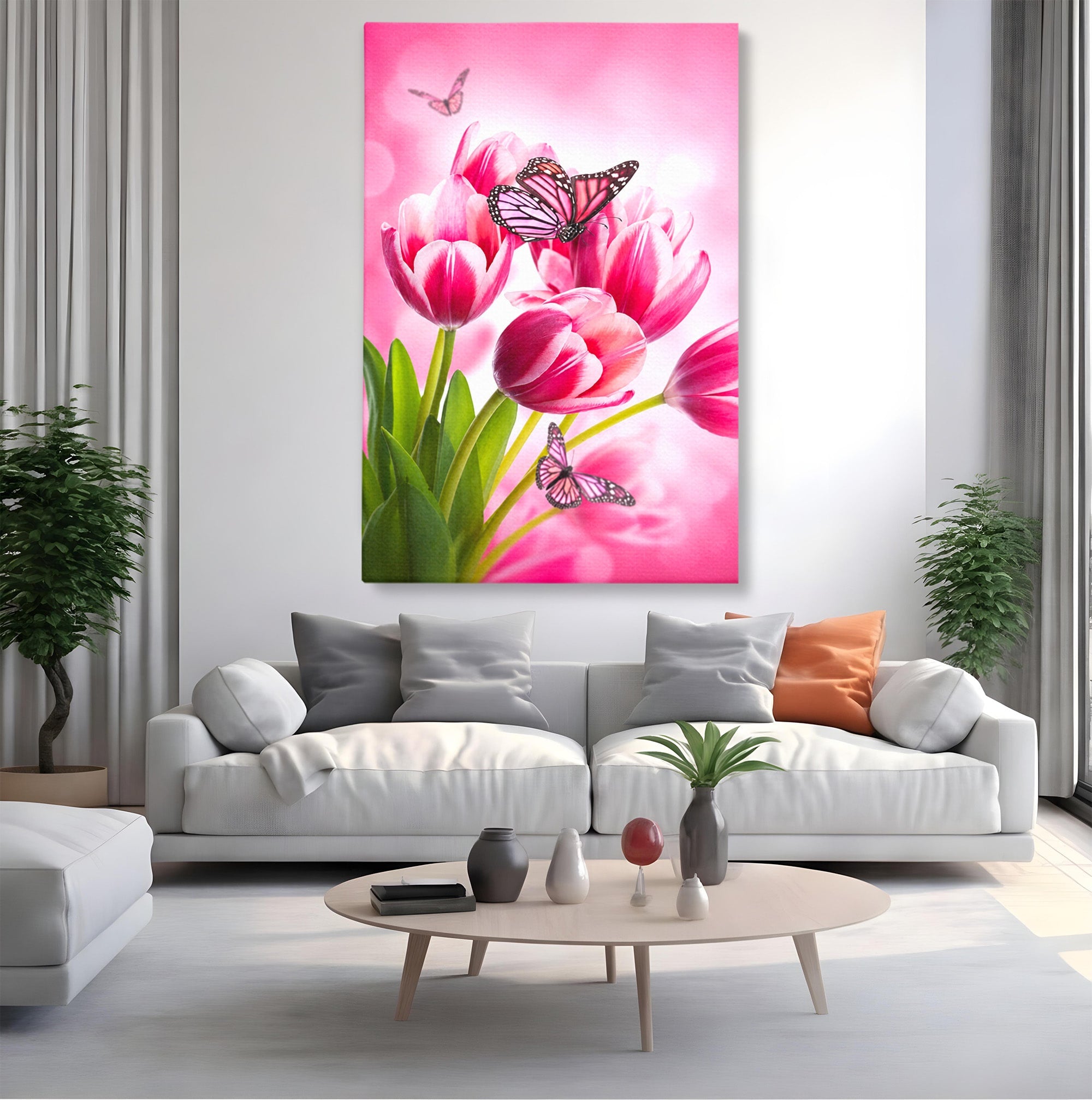 Tablou Canvas Premium LuxCanva® A1876, Lalele Si Fluturi, Lalele, Fluturi, Natura, Primavara, Dormitor, Culori Vibrante