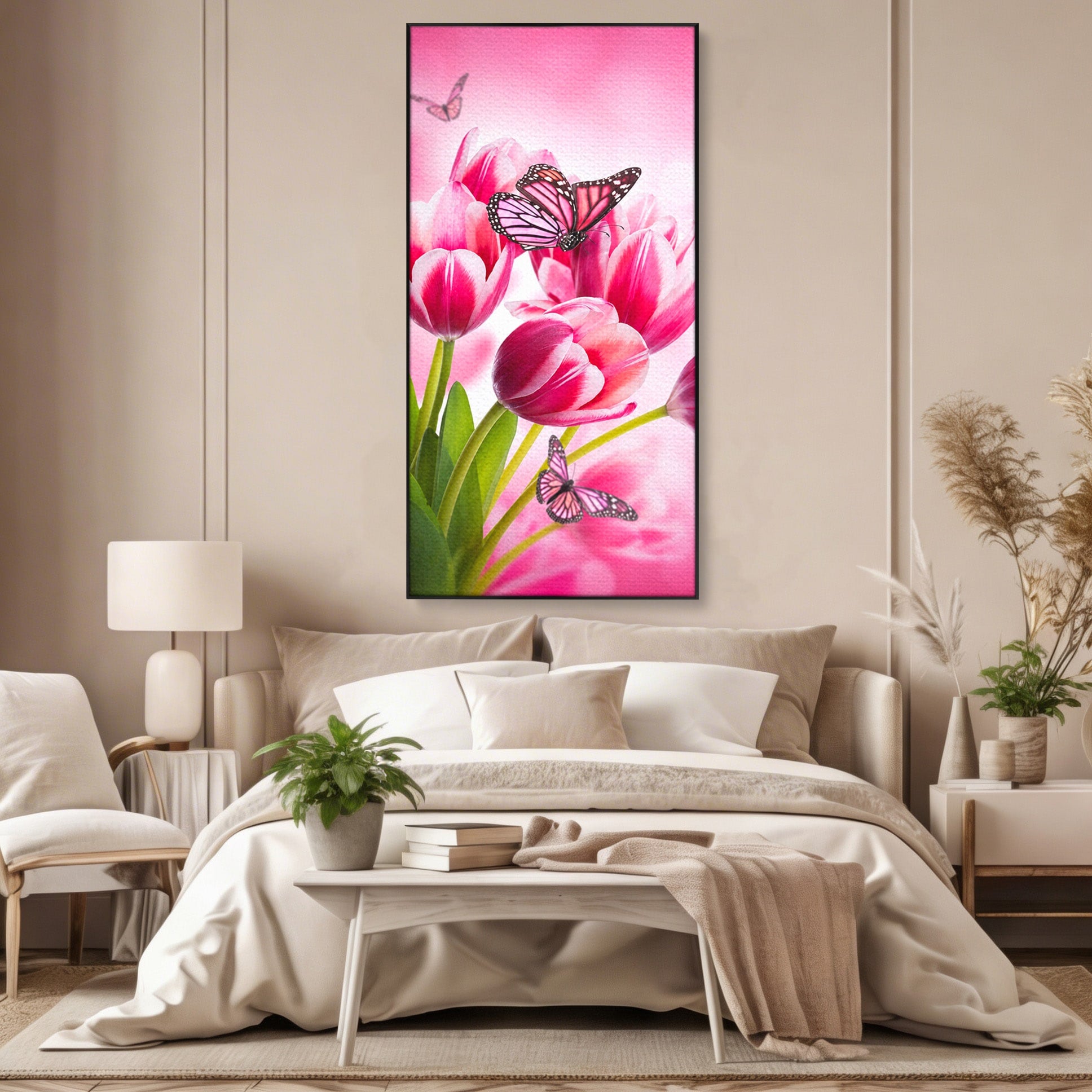 Tablou Canvas Premium LuxCanva® A1876, Lalele Si Fluturi, Lalele, Fluturi, Natura, Primavara, Dormitor, Culori Vibrante
