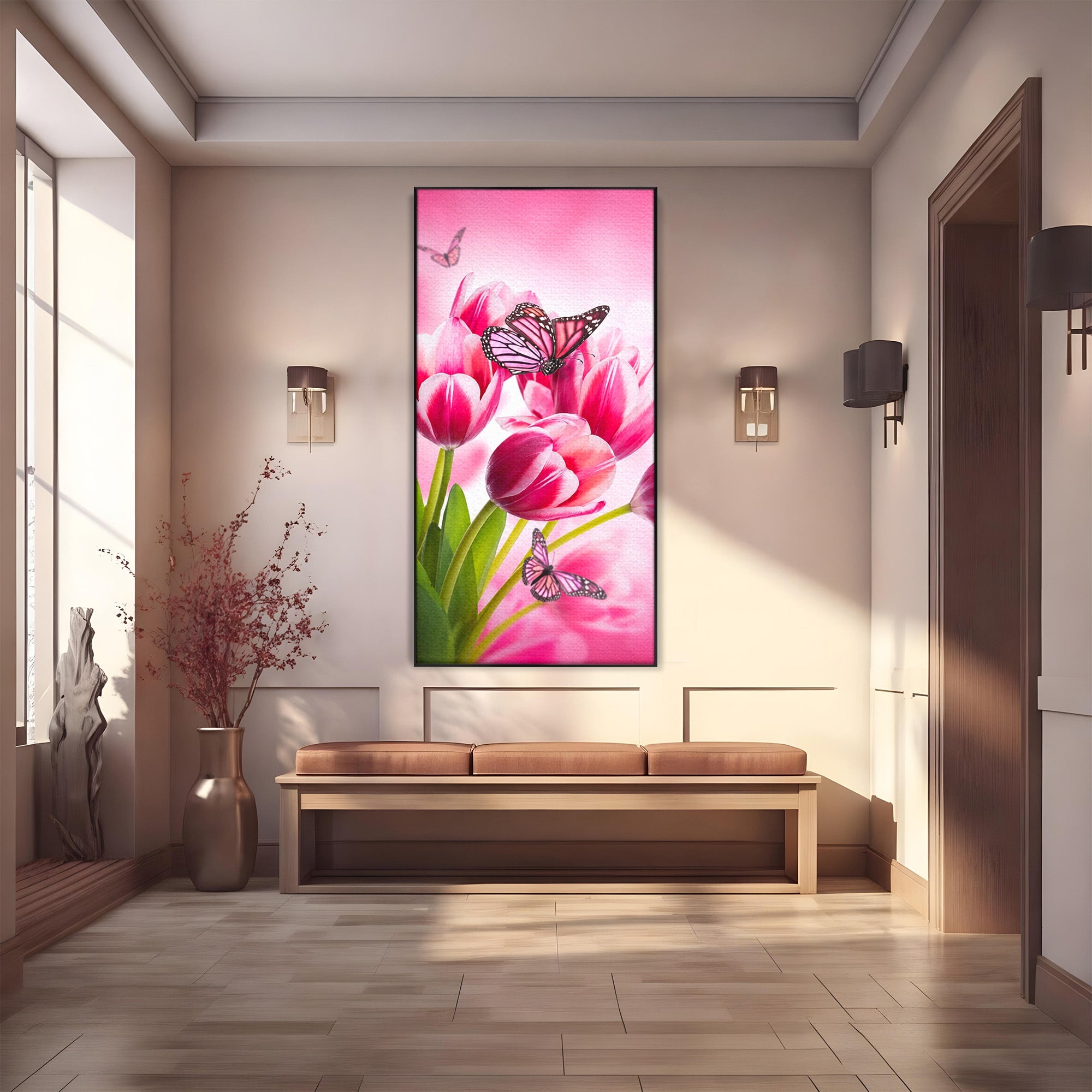 Tablou Canvas Premium LuxCanva® A1876, Lalele Si Fluturi, Lalele, Fluturi, Natura, Primavara, Dormitor, Culori Vibrante