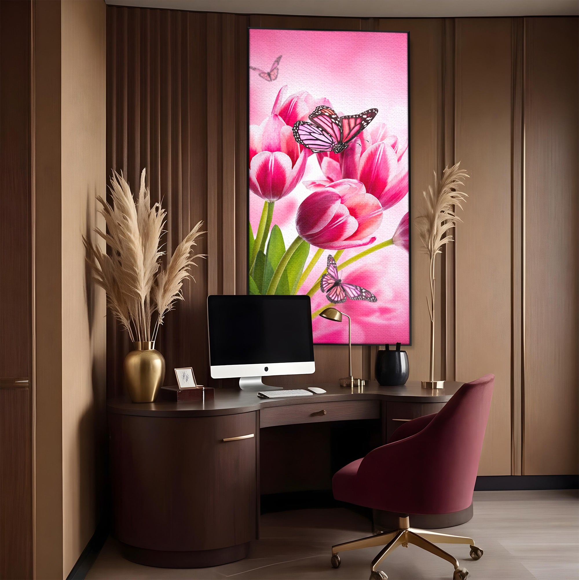 Tablou Canvas Premium LuxCanva® A1876, Lalele Si Fluturi, Lalele, Fluturi, Natura, Primavara, Dormitor, Culori Vibrante