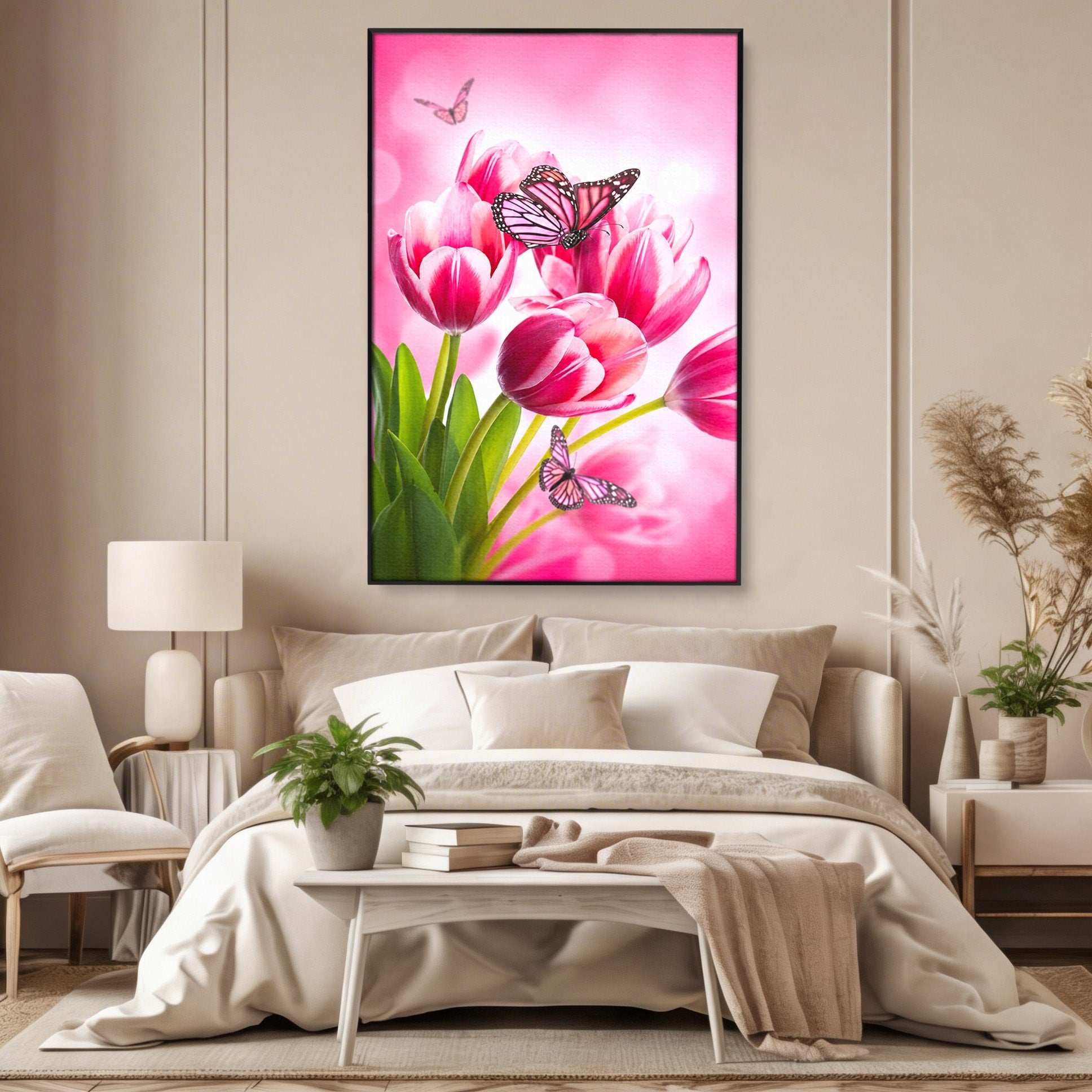 Tablou Canvas Premium LuxCanva® A1876, Lalele Si Fluturi, Lalele, Fluturi, Natura, Primavara, Dormitor, Culori Vibrante