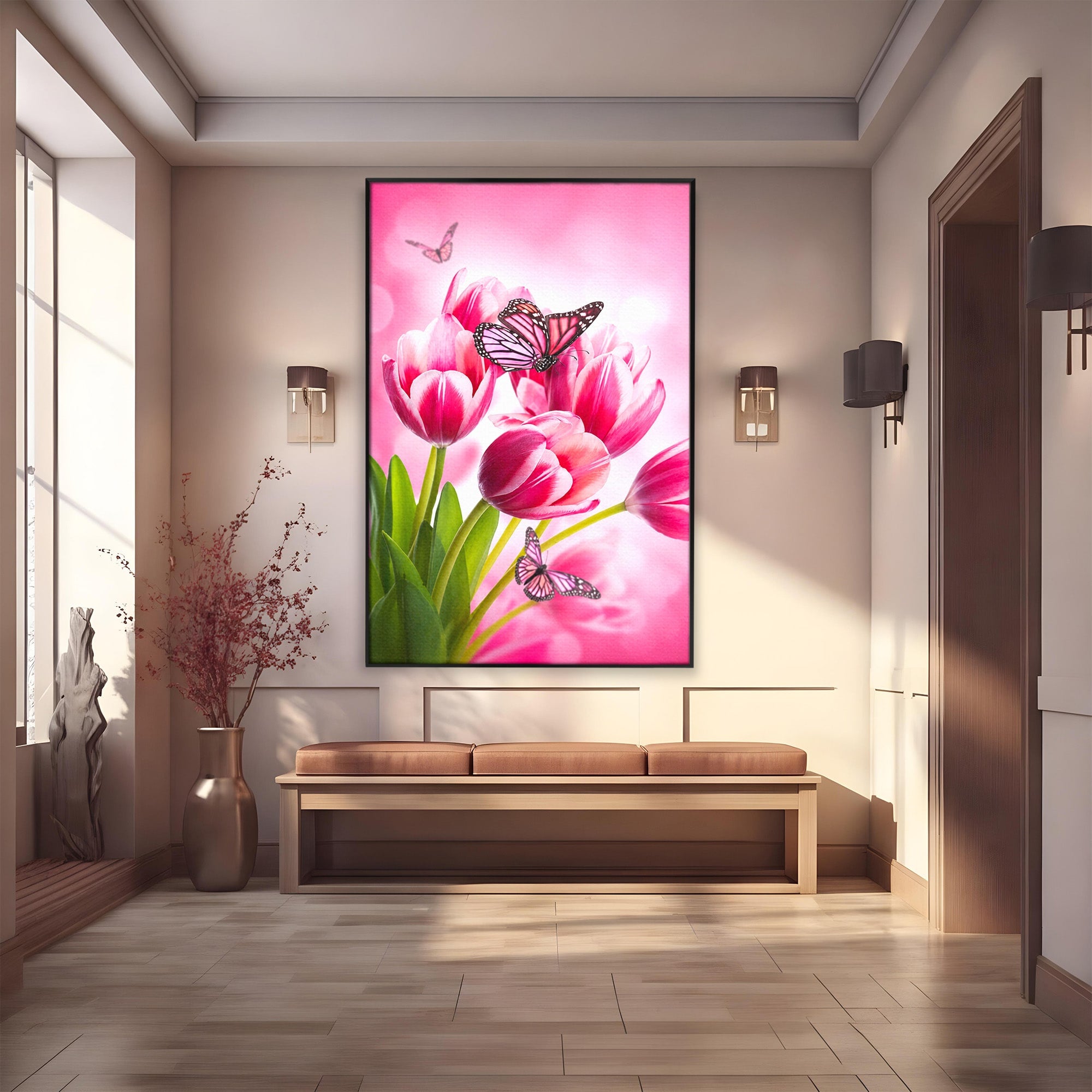 Tablou Canvas Premium LuxCanva® A1876, Lalele Si Fluturi, Lalele, Fluturi, Natura, Primavara, Dormitor, Culori Vibrante