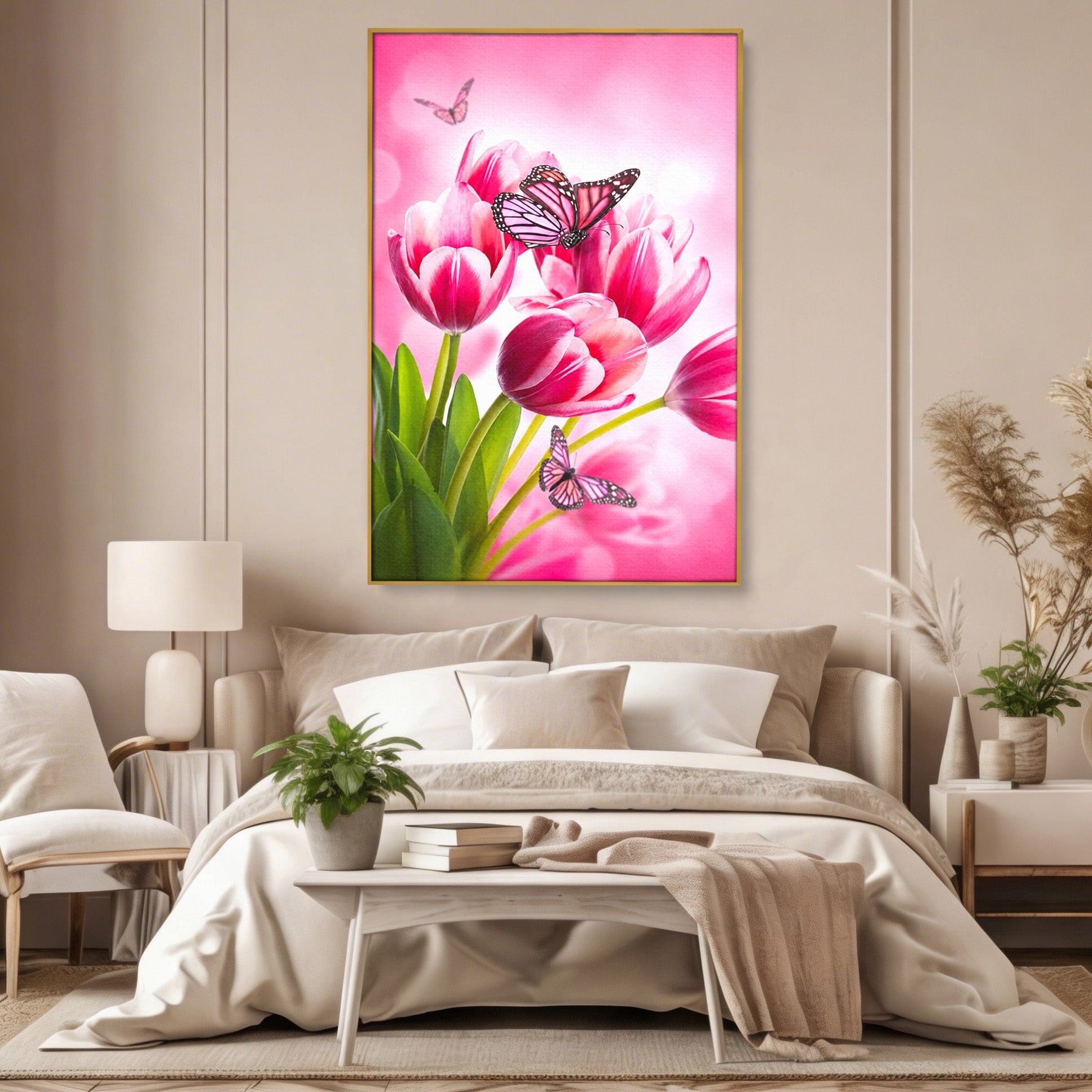 Tablou Canvas Premium LuxCanva® A1876, Lalele Si Fluturi, Lalele, Fluturi, Natura, Primavara, Dormitor, Culori Vibrante
