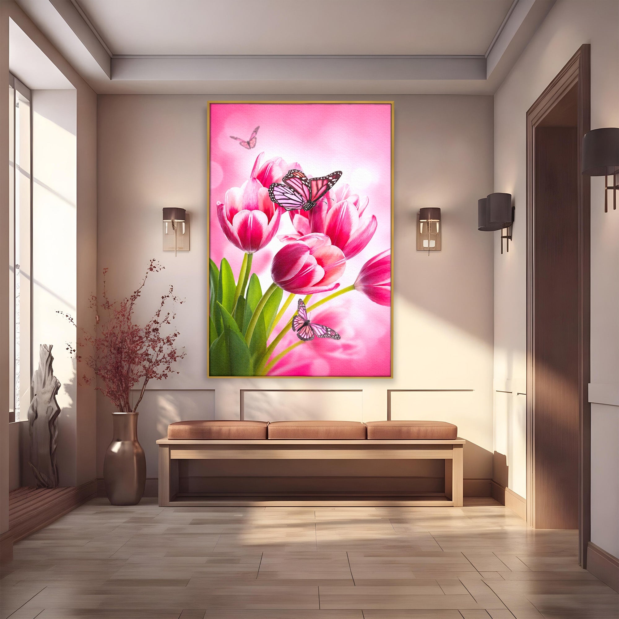 Tablou Canvas Premium LuxCanva® A1876, Lalele Si Fluturi, Lalele, Fluturi, Natura, Primavara, Dormitor, Culori Vibrante