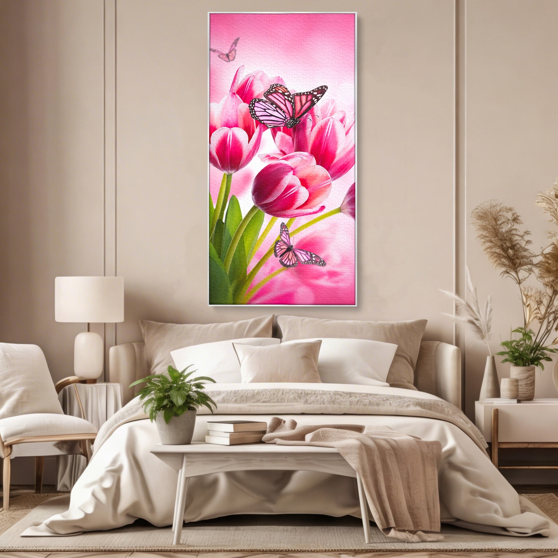 Tablou Canvas Premium LuxCanva® A1876, Lalele Si Fluturi, Lalele, Fluturi, Natura, Primavara, Dormitor, Culori Vibrante