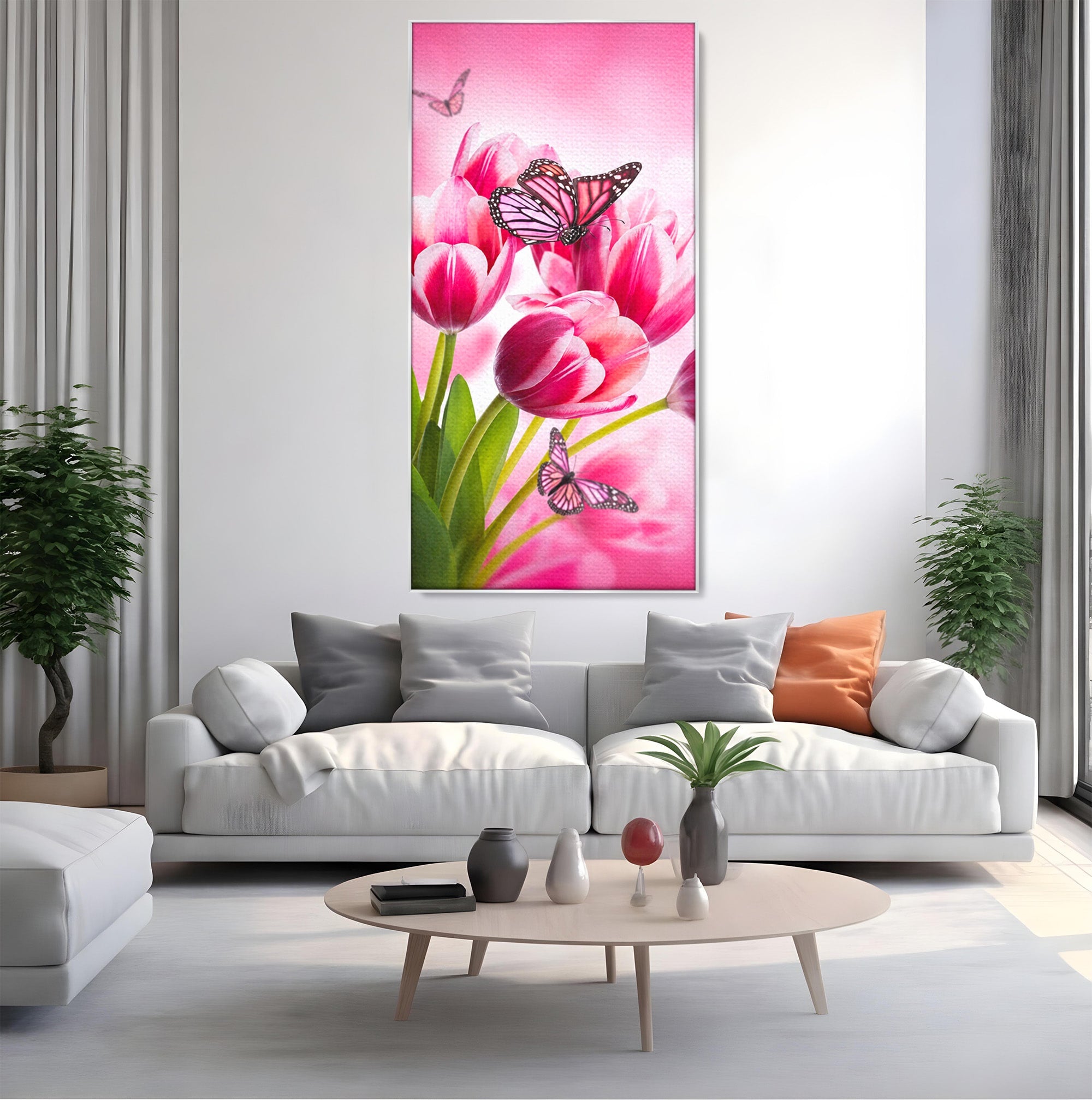 Tablou Canvas Premium LuxCanva® A1876, Lalele Si Fluturi, Lalele, Fluturi, Natura, Primavara, Dormitor, Culori Vibrante