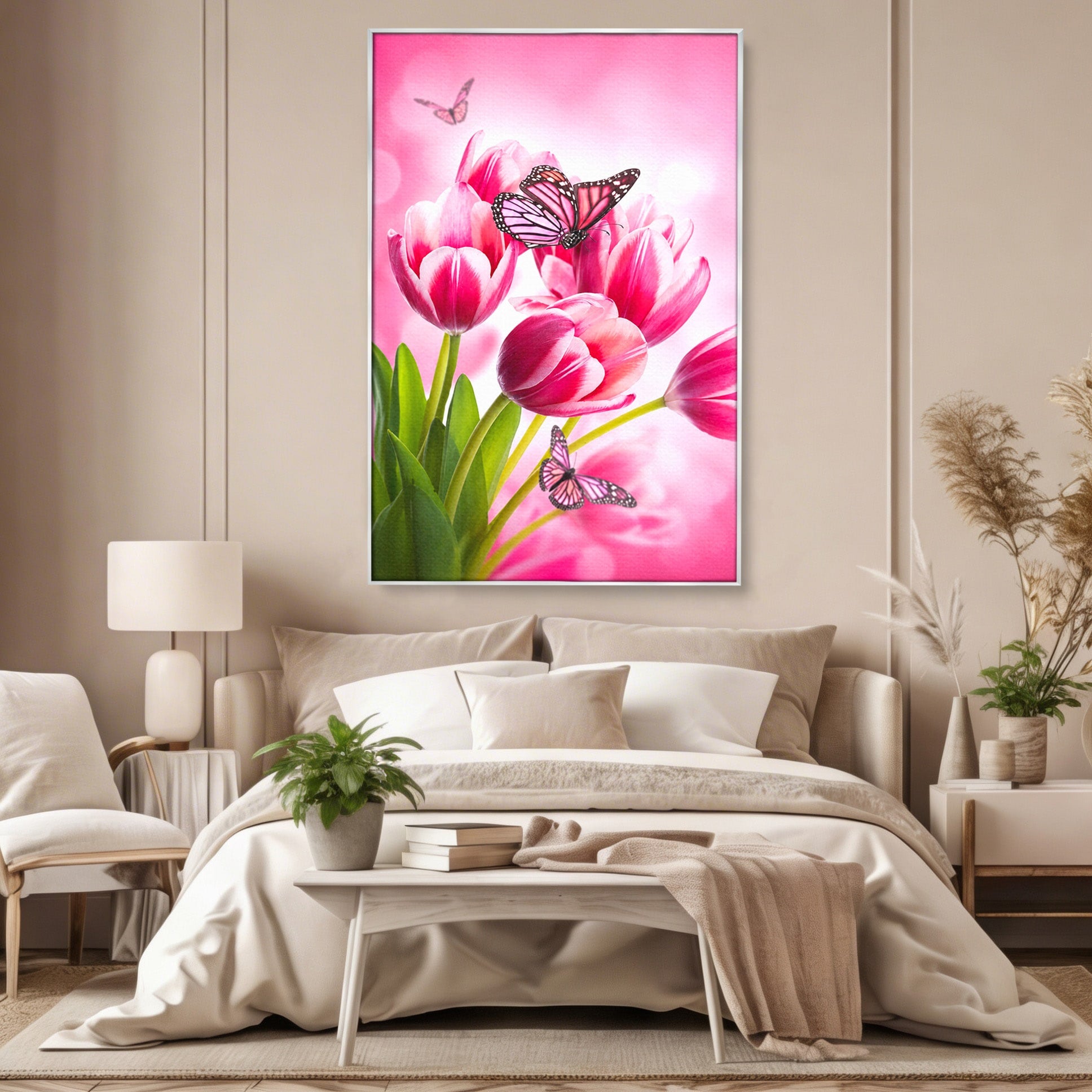 Tablou Canvas Premium LuxCanva® A1876, Lalele Si Fluturi, Lalele, Fluturi, Natura, Primavara, Dormitor, Culori Vibrante