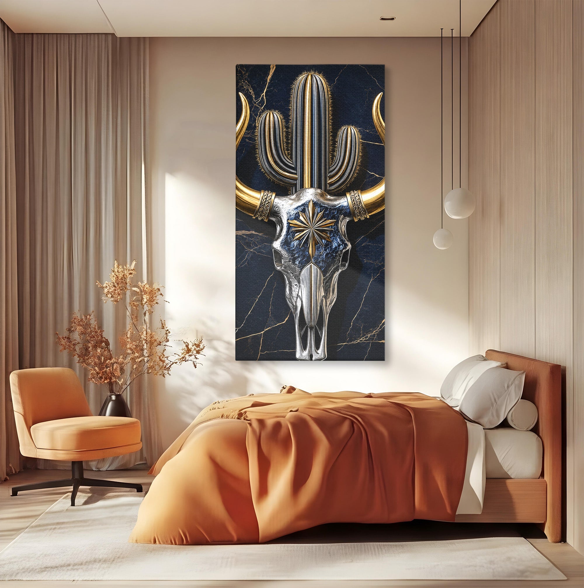 Tablou Canvas Premium LuxCanva® A1878, Comoara Deșertului, Craniu, Taur, Cactus, Abstract, Birou, Modern, Culori Vibrante