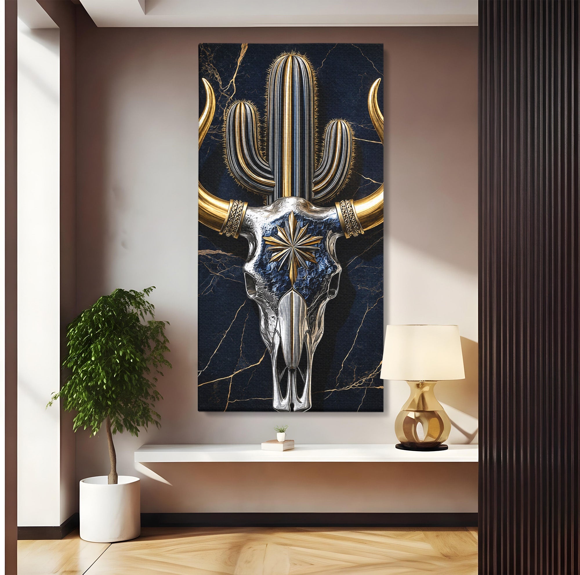 Tablou Canvas Premium LuxCanva® A1878, Comoara Deșertului, Craniu, Taur, Cactus, Abstract, Birou, Modern, Culori Vibrante