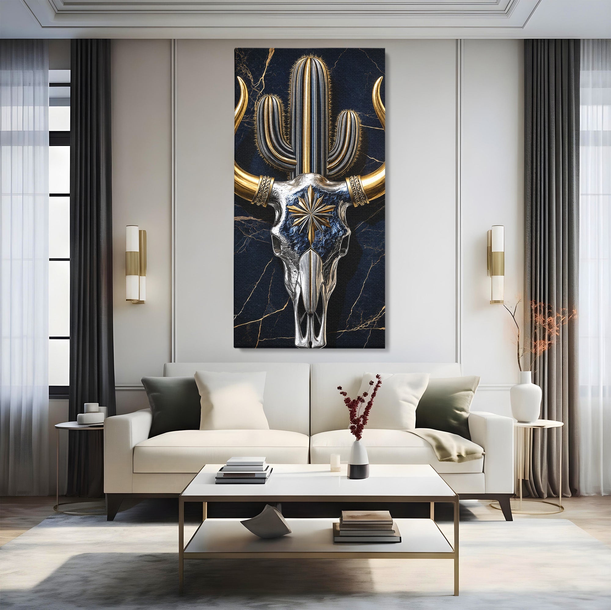 Tablou Canvas Premium LuxCanva® A1878, Comoara Deșertului, Craniu, Taur, Cactus, Abstract, Birou, Modern, Culori Vibrante
