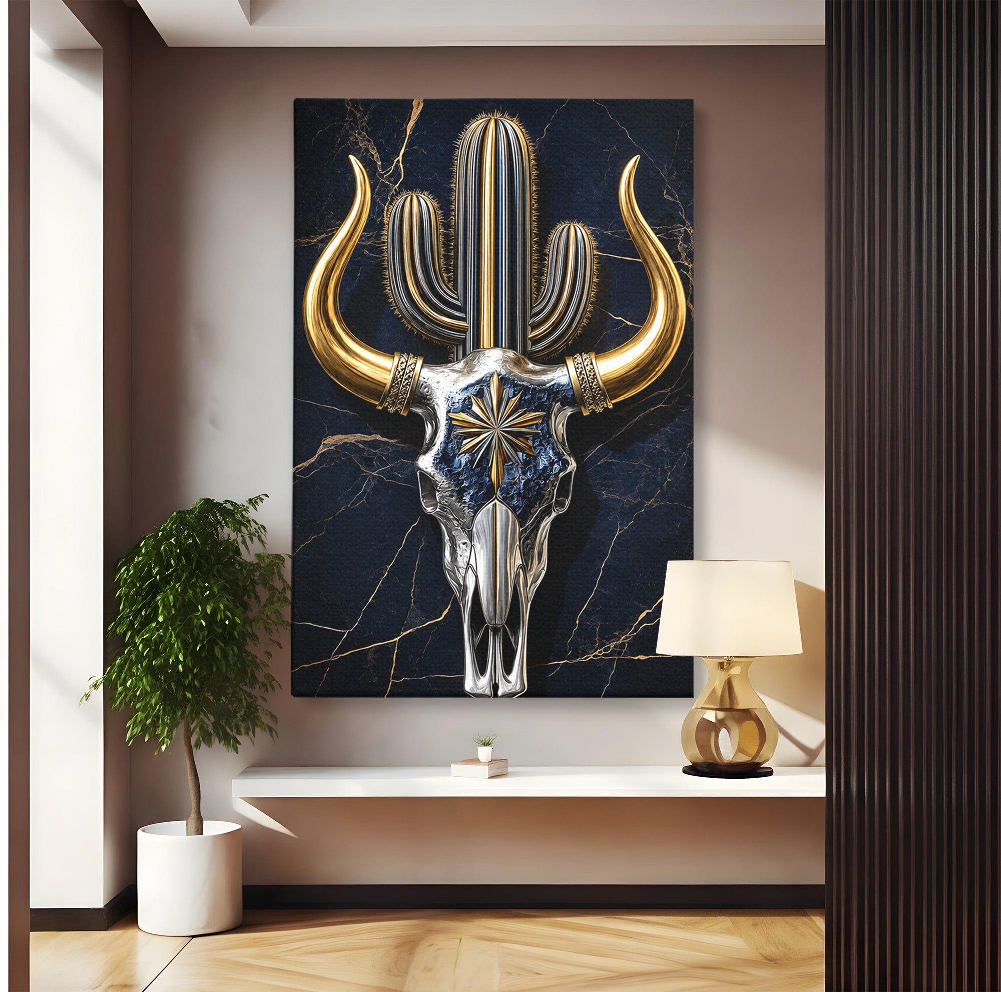 Tablou Canvas Premium LuxCanva® A1878, Comoara Deșertului, Craniu, Taur, Cactus, Abstract, Birou, Modern, Culori Vibrante