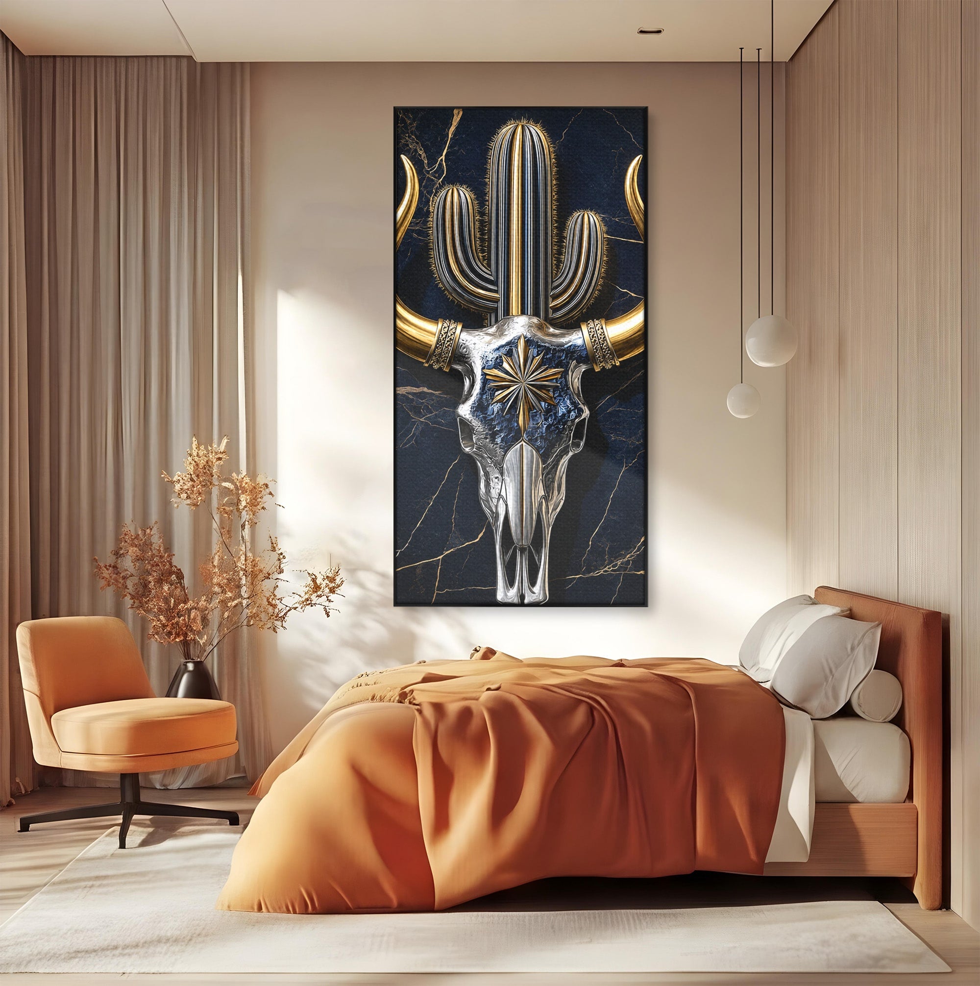 Tablou Canvas Premium LuxCanva® A1878, Comoara Deșertului, Craniu, Taur, Cactus, Abstract, Birou, Modern, Culori Vibrante