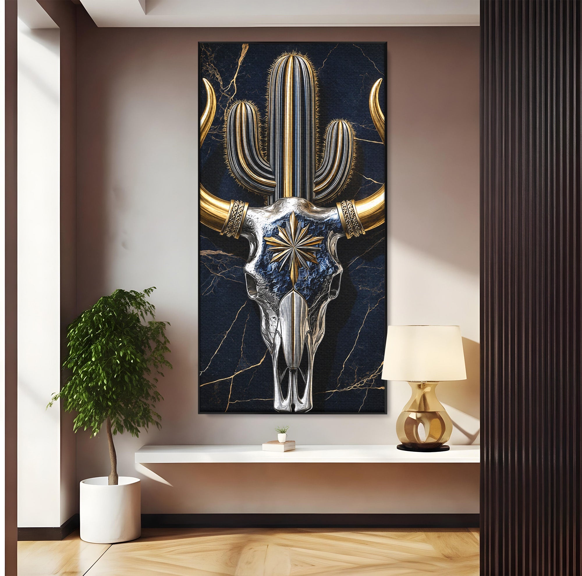 Tablou Canvas Premium LuxCanva® A1878, Comoara Deșertului, Craniu, Taur, Cactus, Abstract, Birou, Modern, Culori Vibrante
