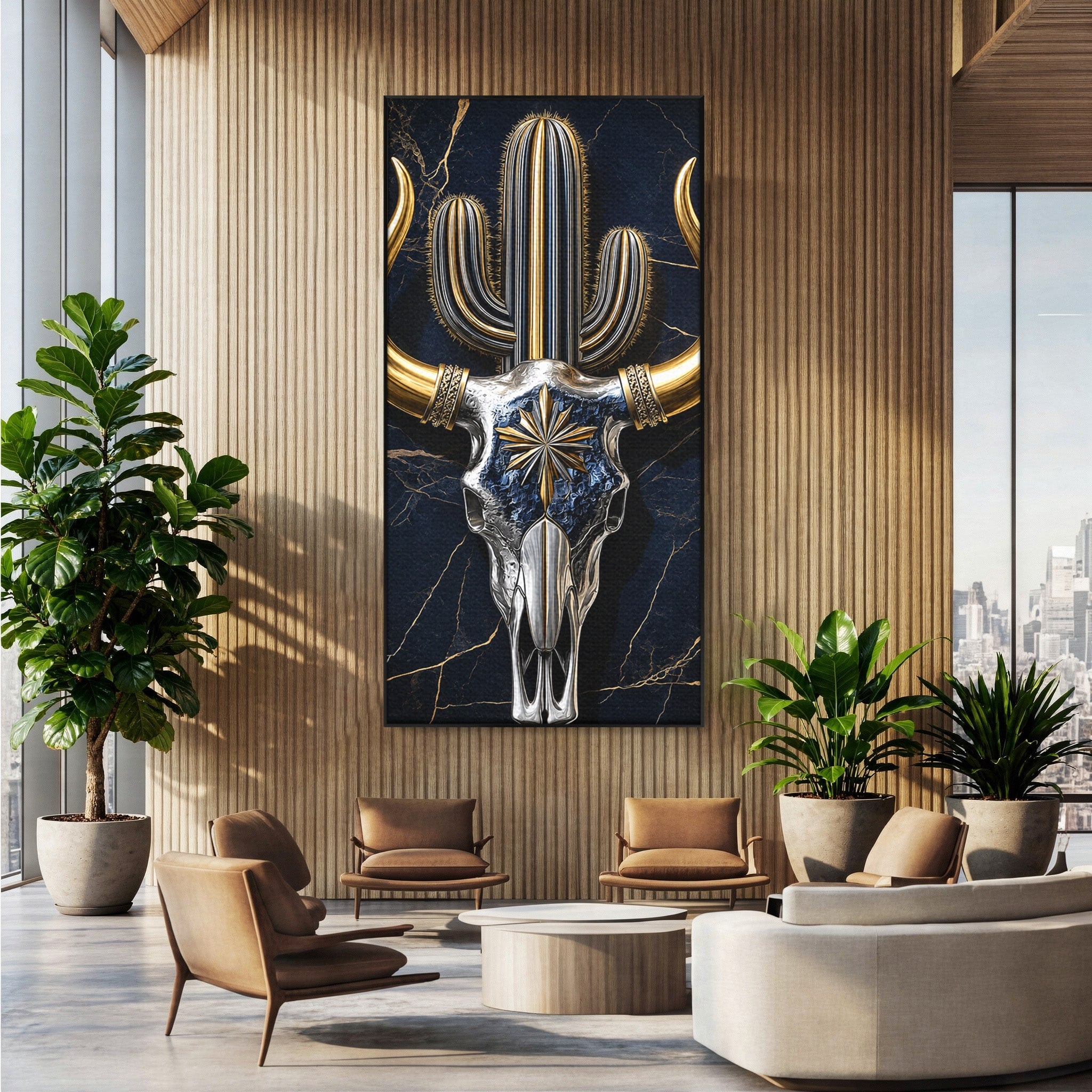 Tablou Canvas Premium LuxCanva® A1878, Comoara Deșertului, Craniu, Taur, Cactus, Abstract, Birou, Modern, Culori Vibrante